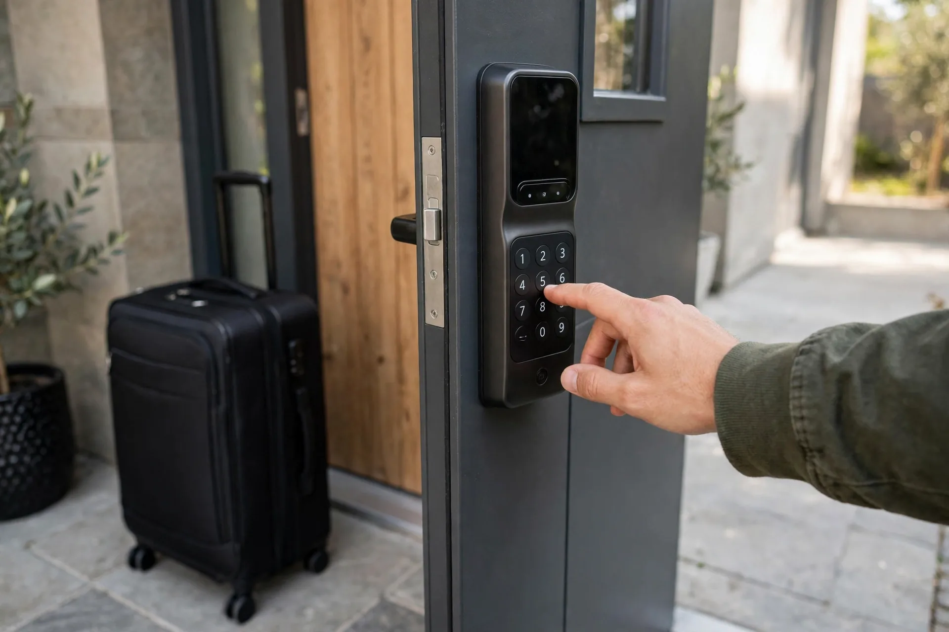 Guest typing a temporary code on a smart lock keypad at a rental property entrance