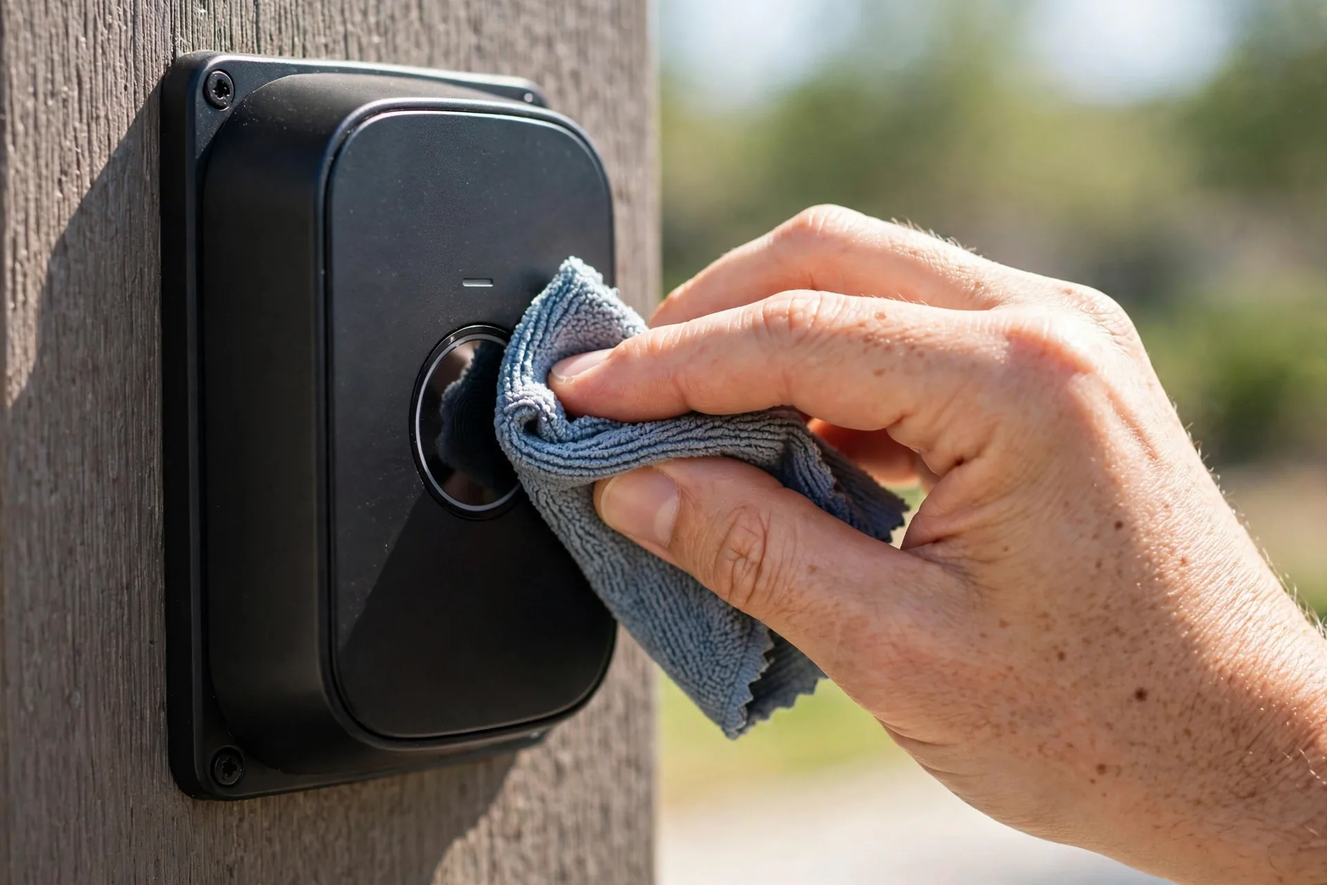Hand cleaning a smart lock fingerprint sensor with a microfiber cloth