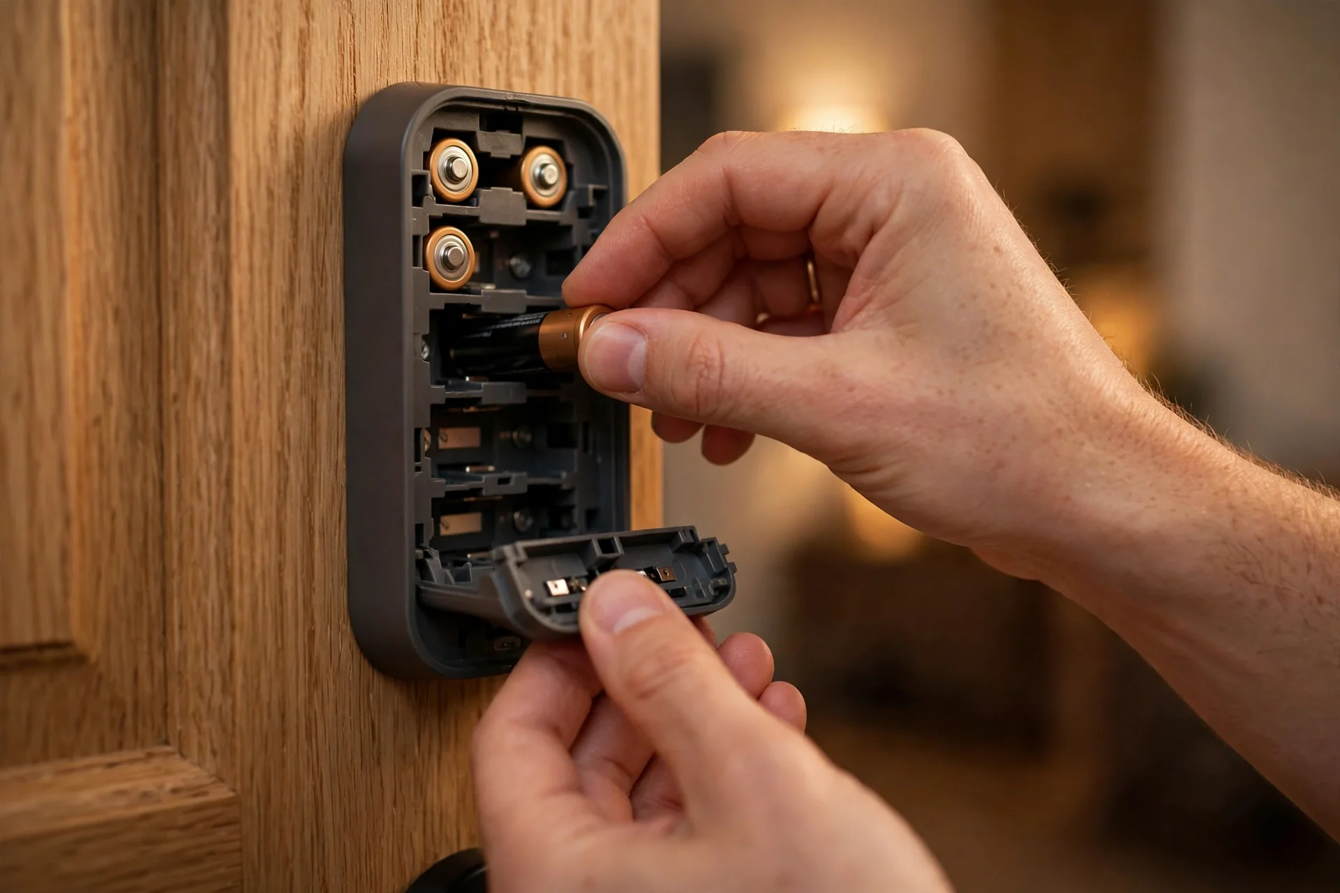 Hands replacing AA batteries inside a smart lock interior unit