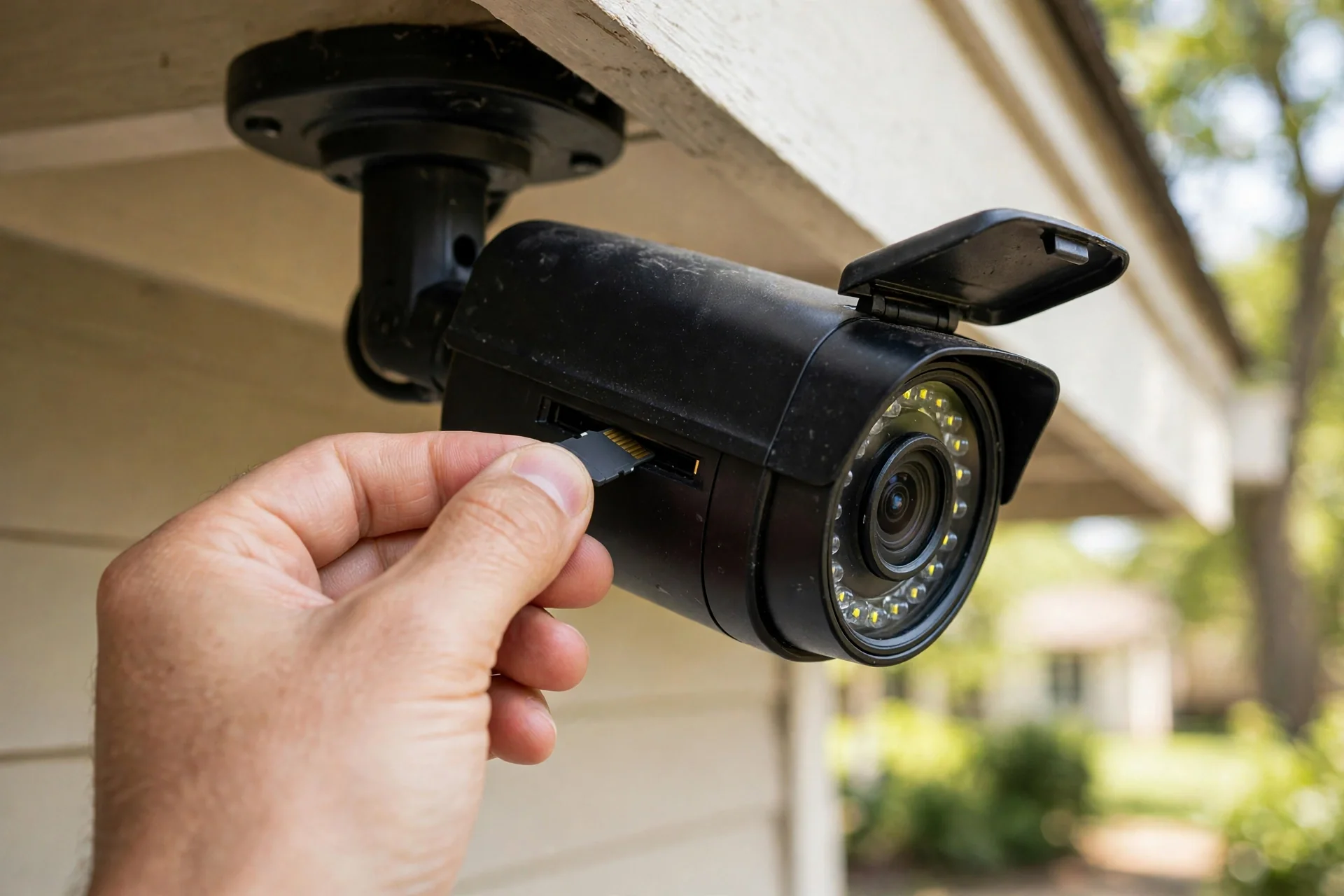 microSD card being inserted into a home security camera