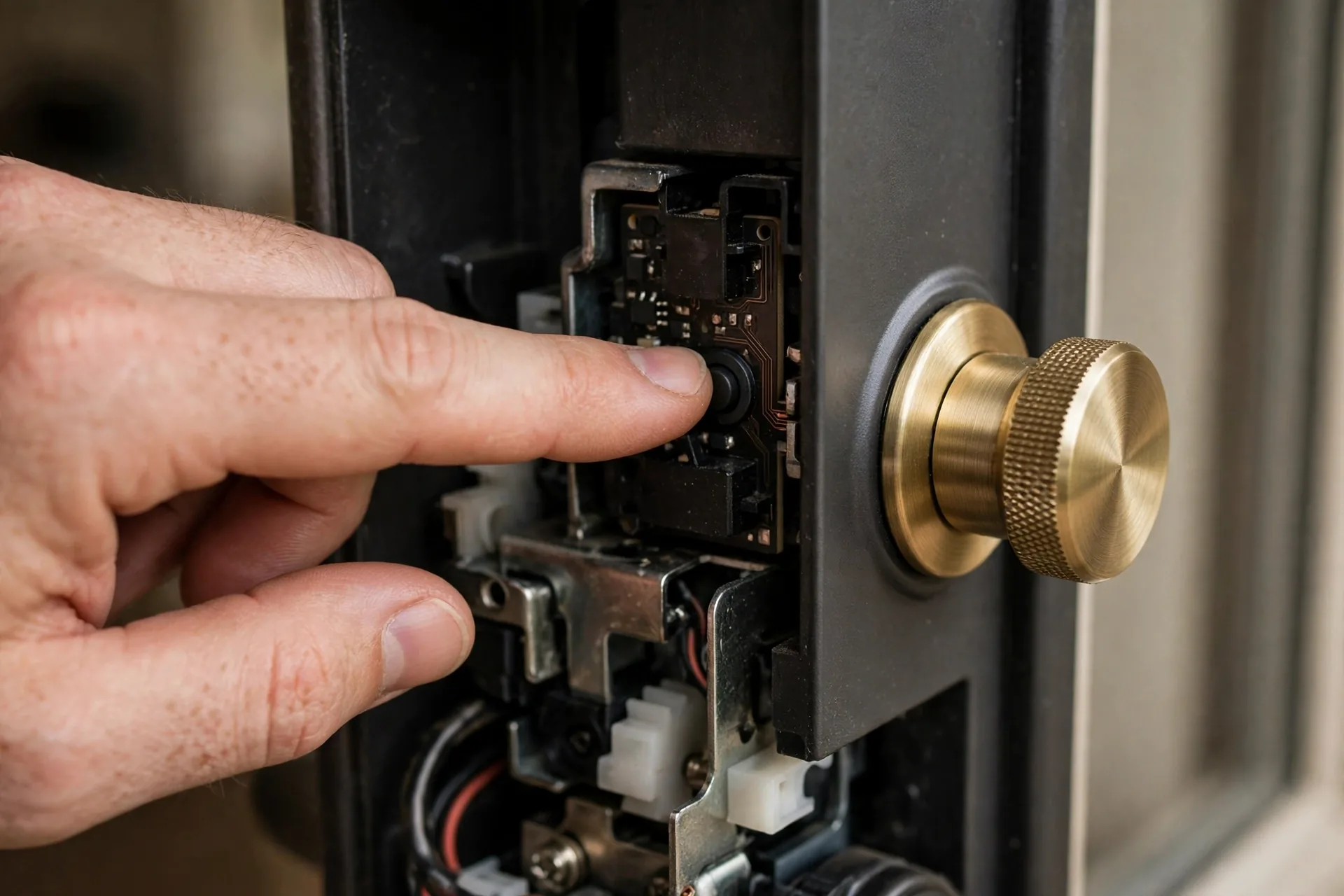 Hand pressing the reset button on a Schlage Encode smart lock interior assembly
