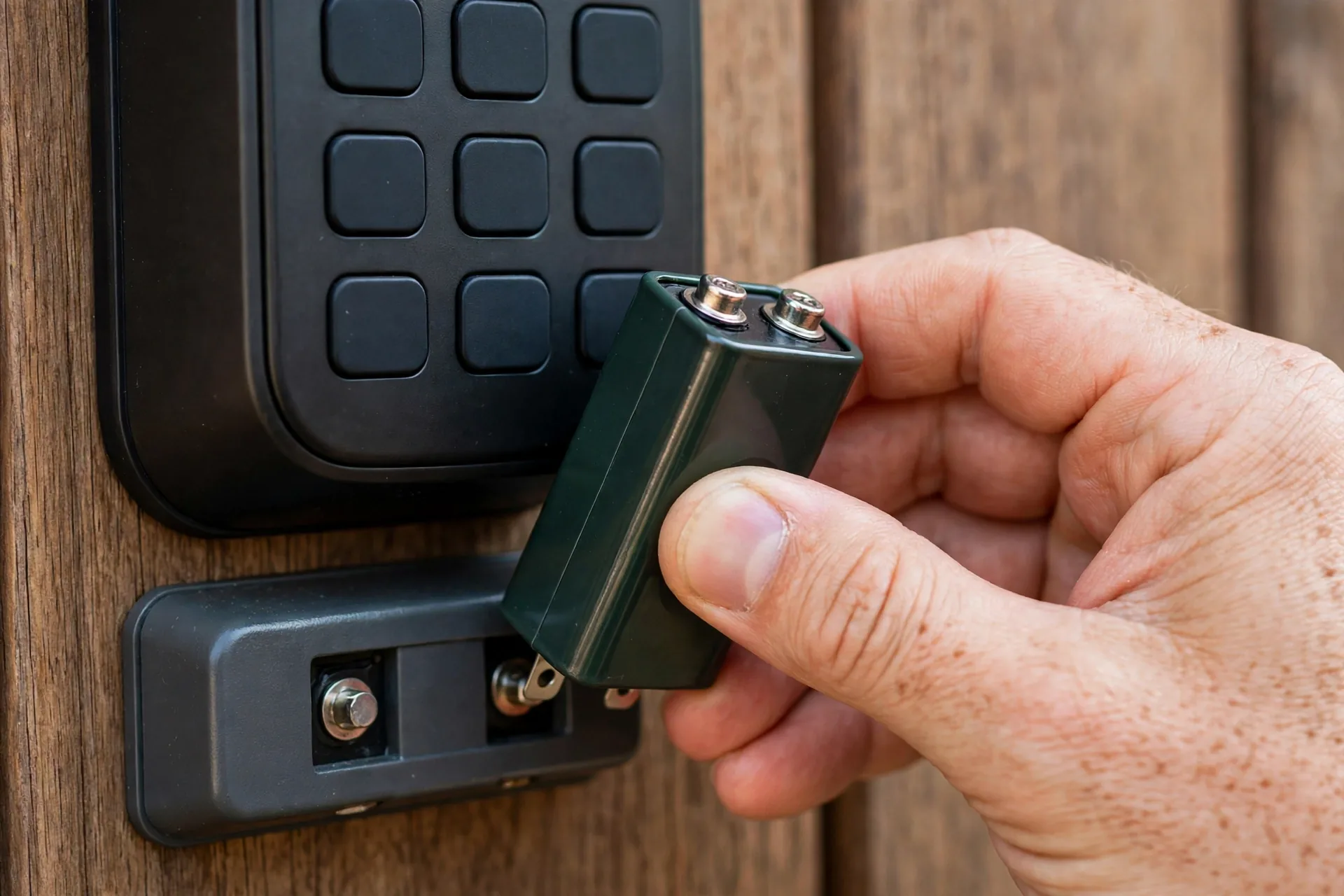 Fresh 9V battery held against emergency power terminals below a smart lock keypad