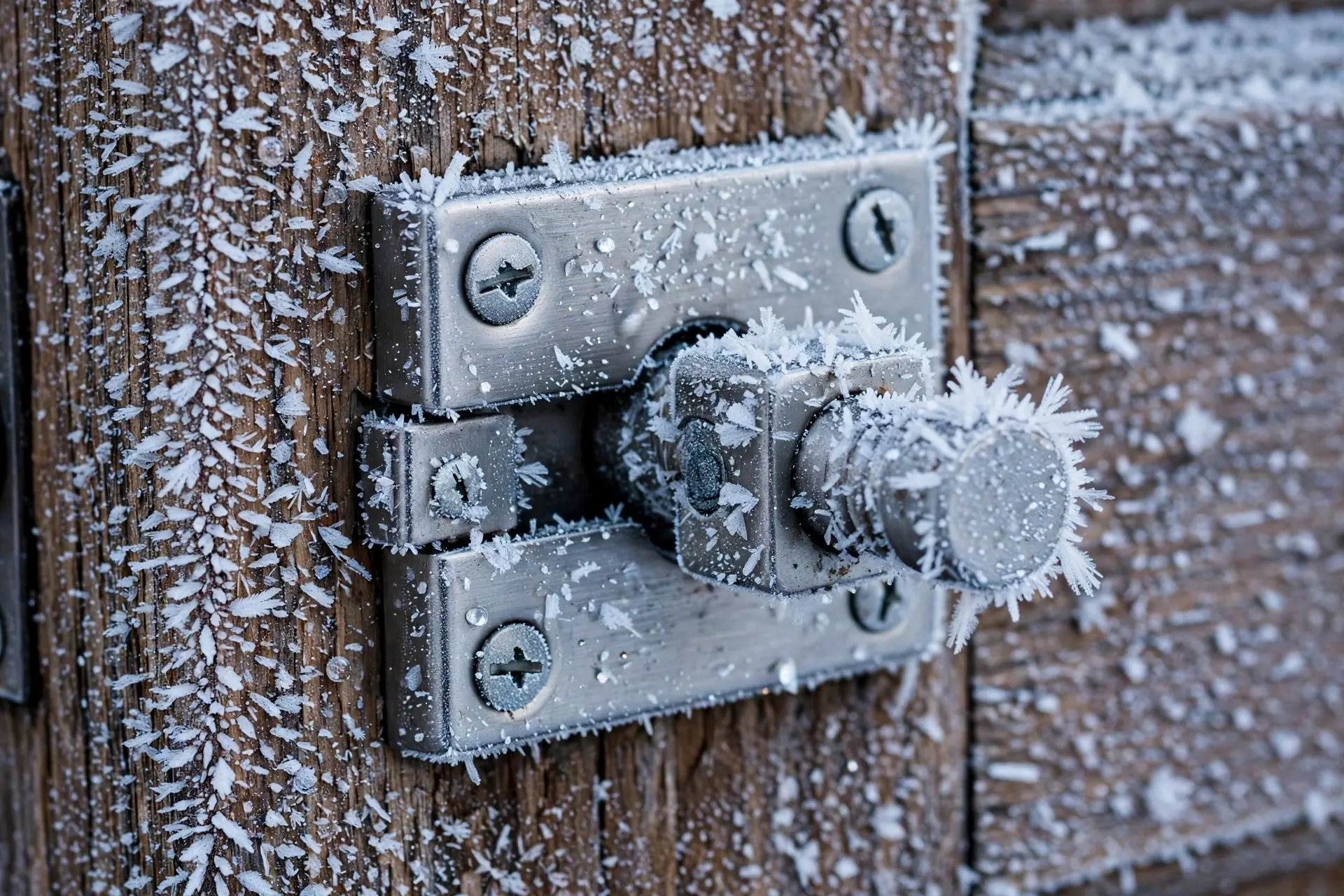 Close-up of a frosty smart lock deadbolt on a winter door