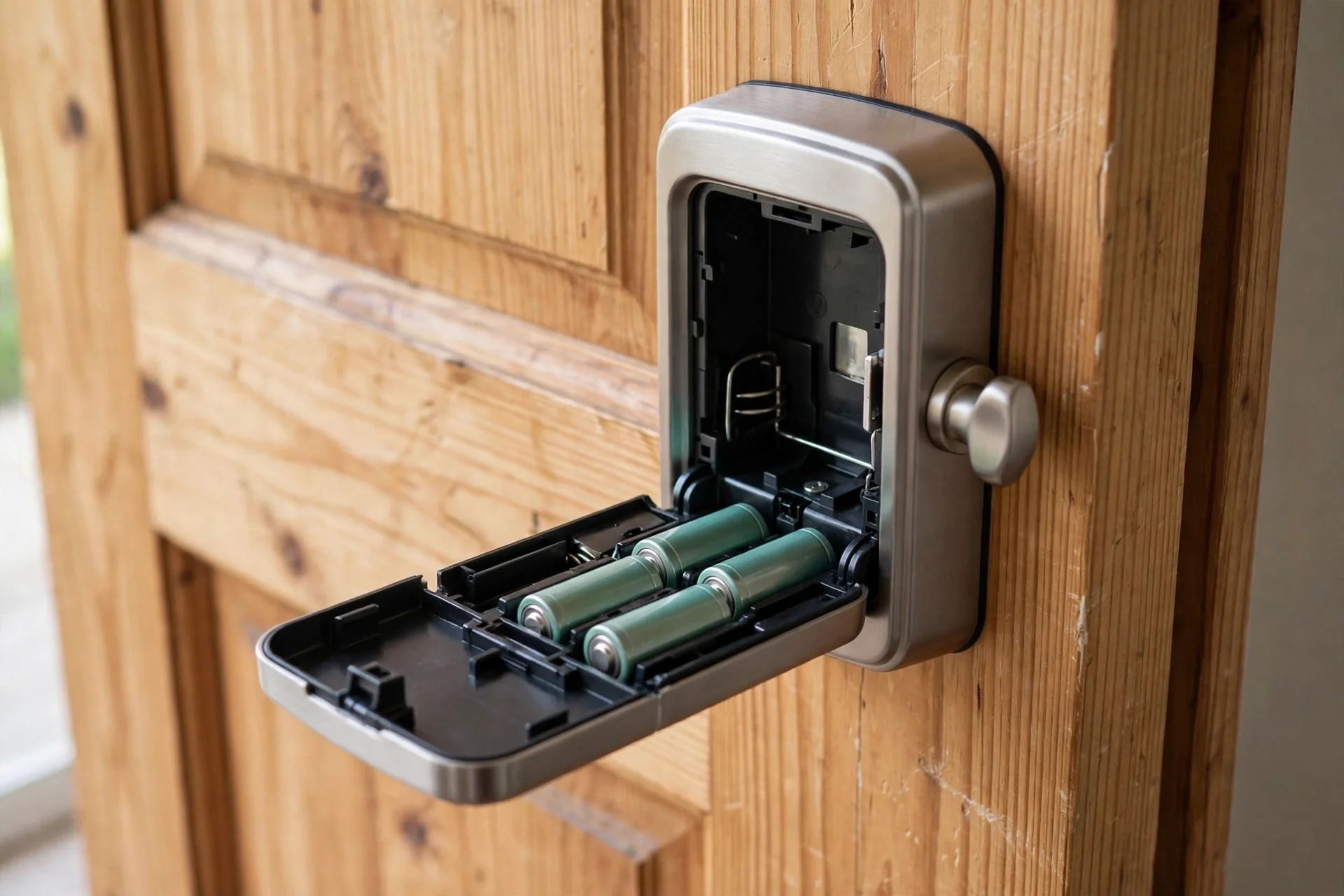 Smart lock battery compartment with fresh lithium batteries