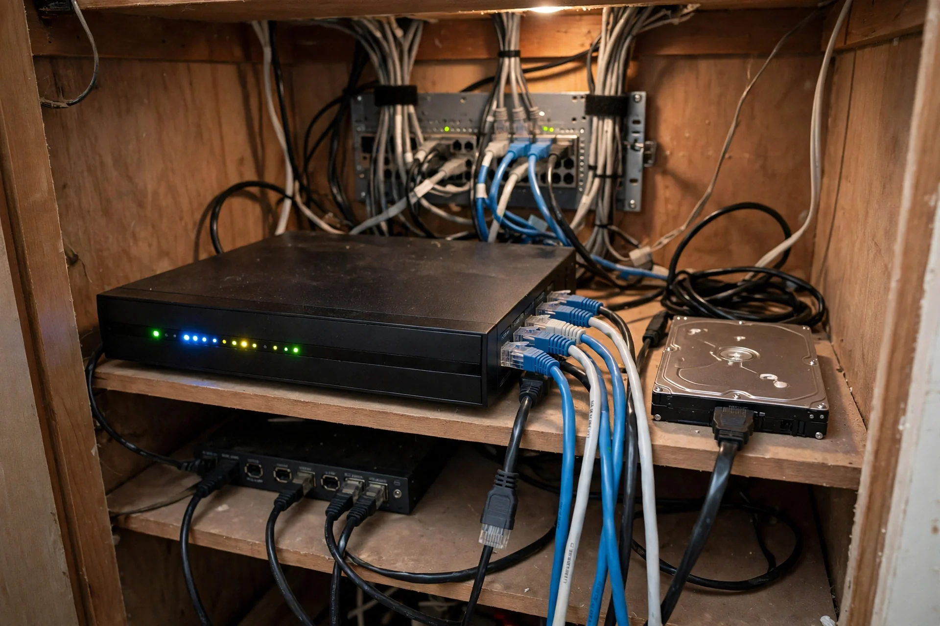 NVR recorder with hard drive managing multiple security cameras