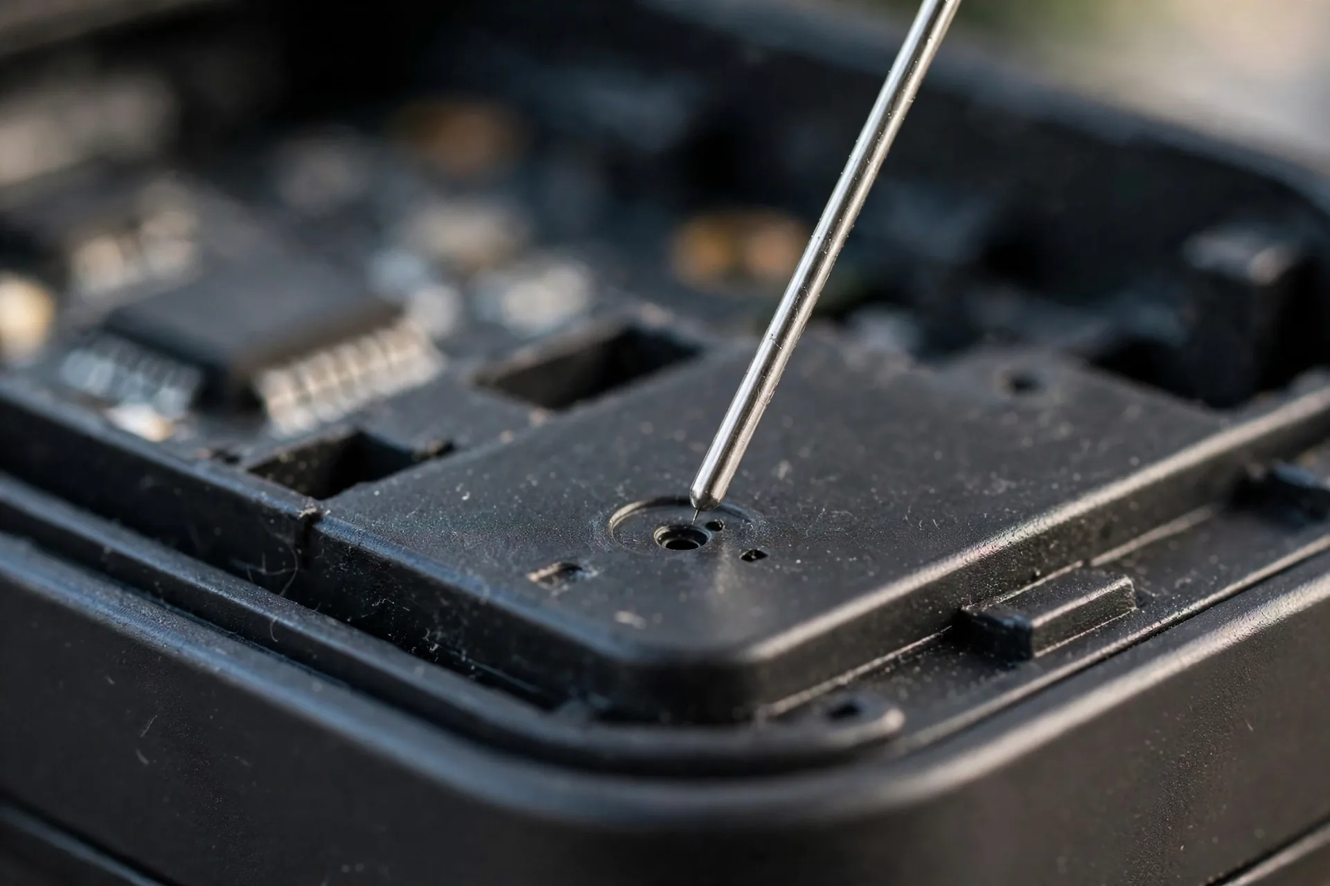 Reset needle being inserted into the reset hole of an Ultraloq smart lock