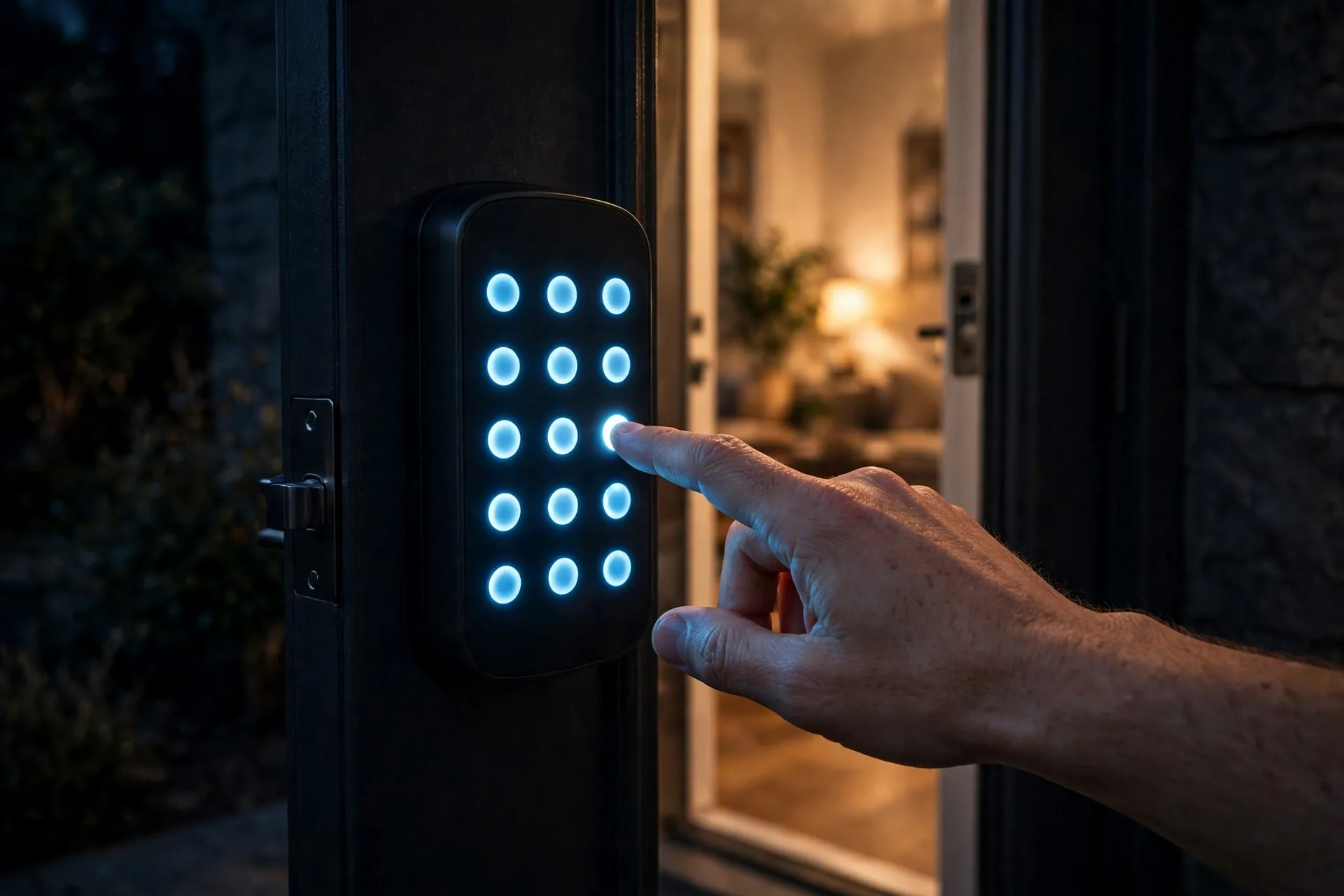 Hand entering code on a smart lock keypad powered by 9V battery backup