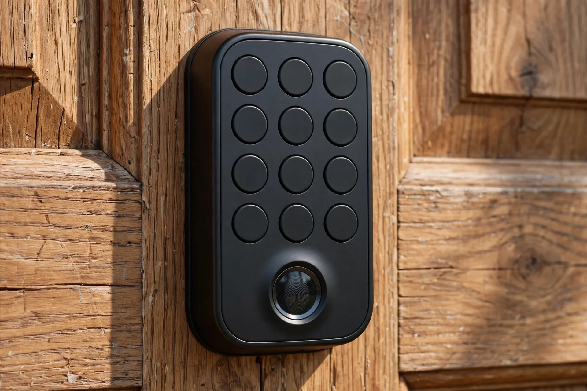 ULTRALOQ Bolt SE fingerprint smart lock with keypad on a wooden door