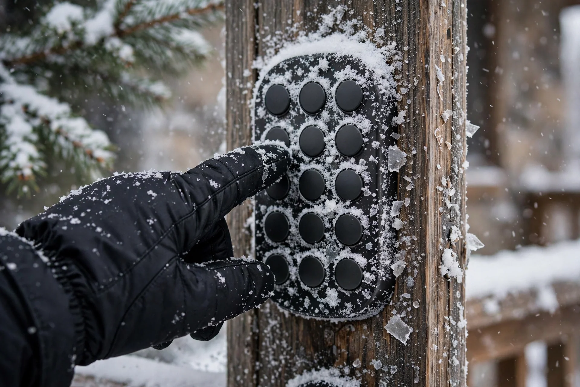 Gloved finger pressing a snow-dusted smart lock keypad
