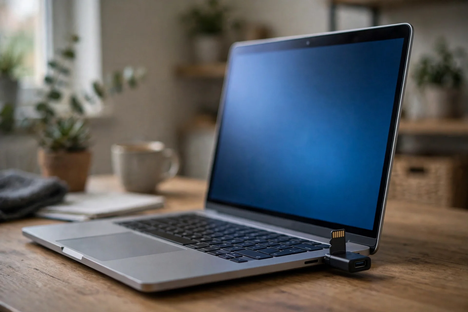 SD card in a USB reader plugged into a laptop