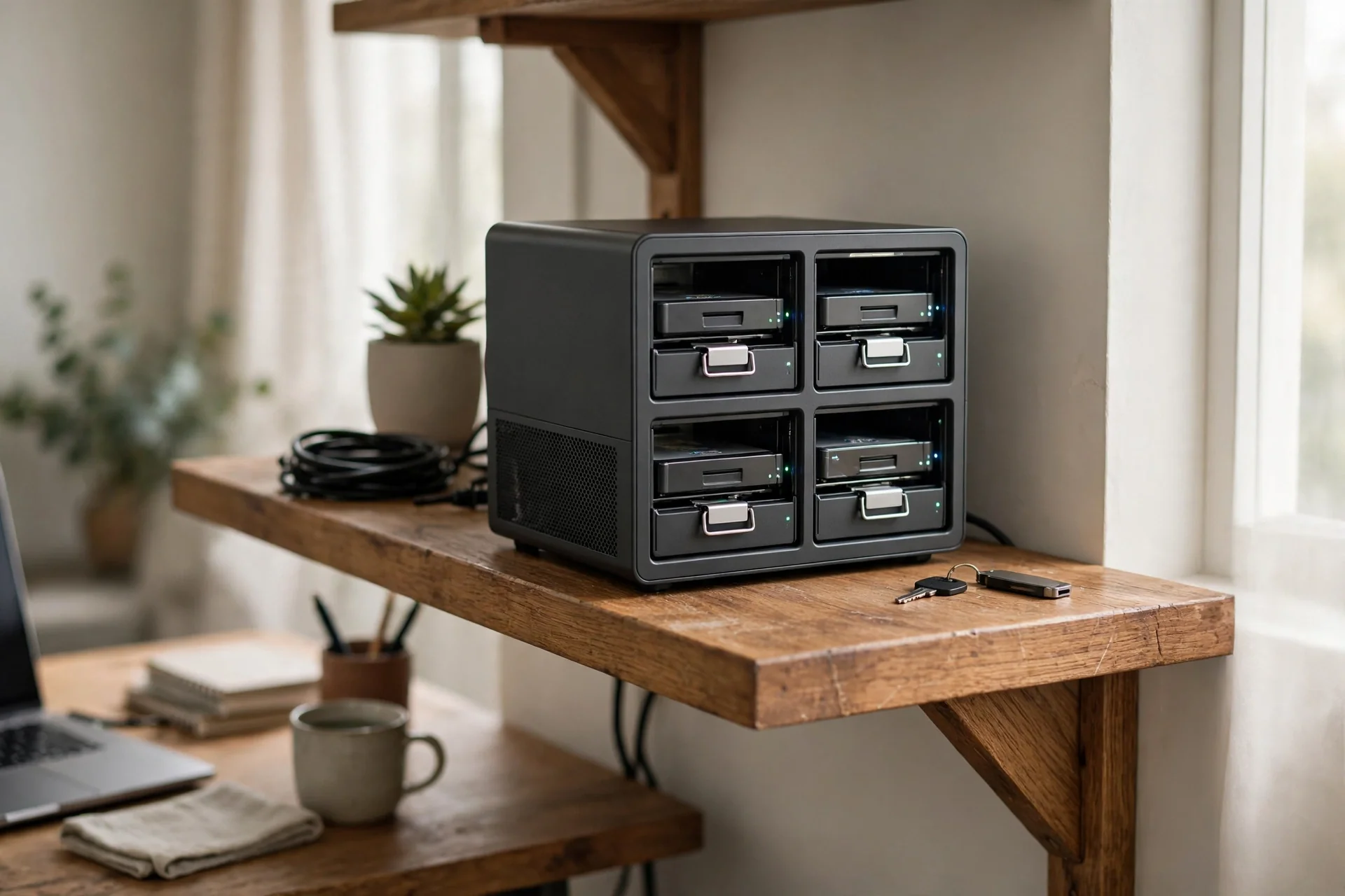 NAS storage box on a home network shelf