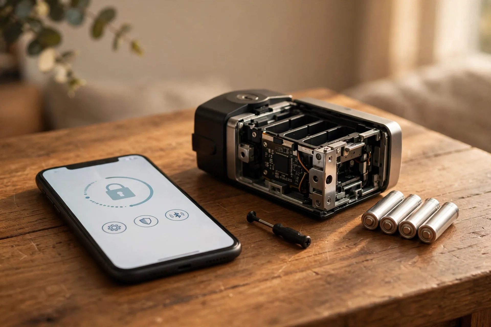 Smartphone with lock app open next to a smart deadbolt during code setup