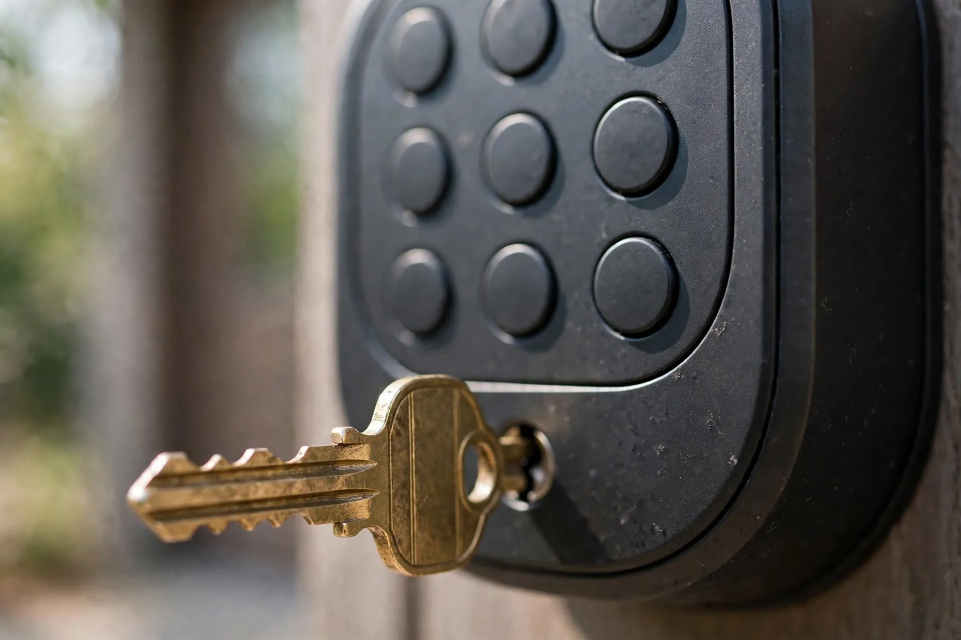 Mechanical backup key inserted into the keyhole at the bottom of a smart lock