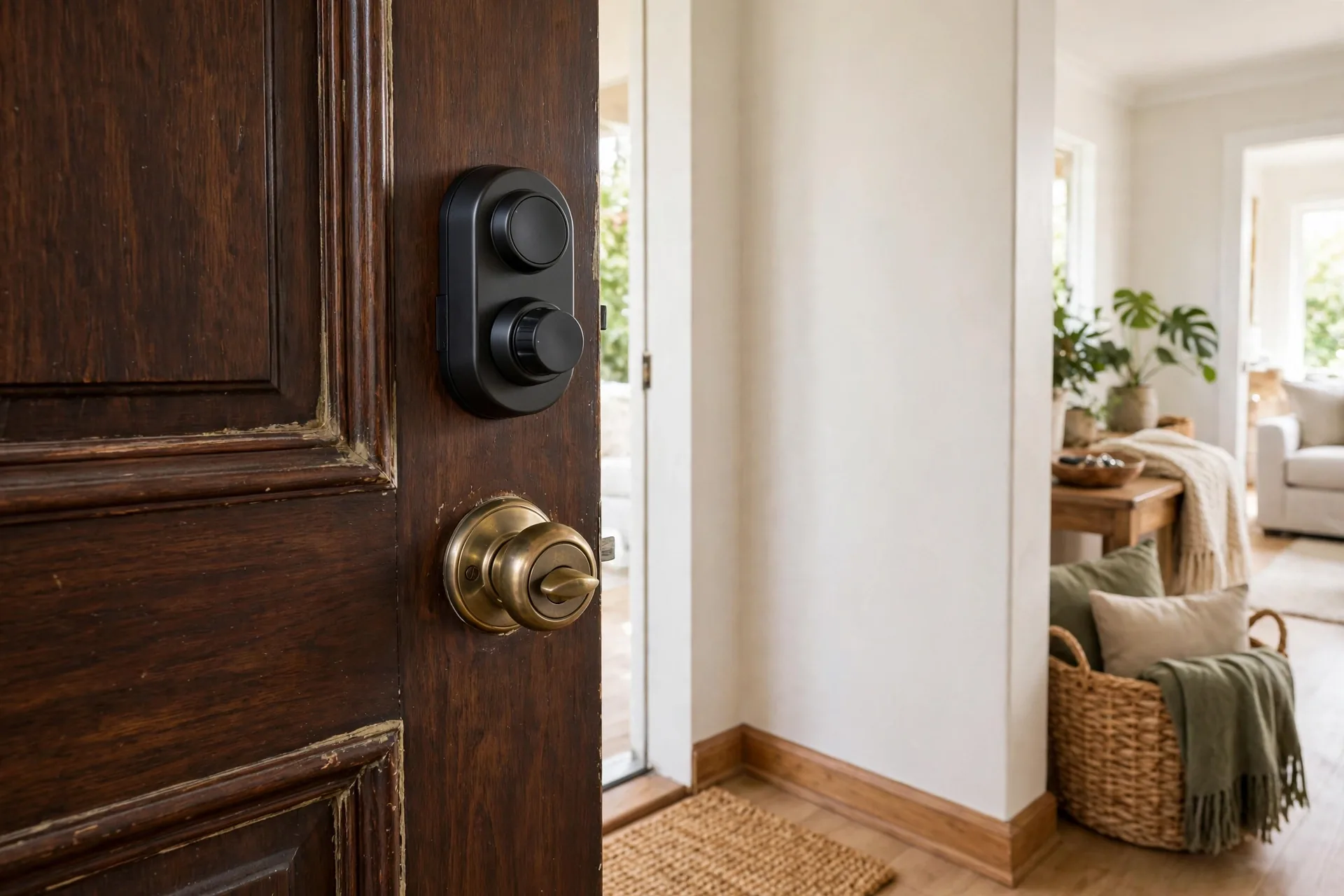 August smart lock mounted on the interior side of an existing deadbolt