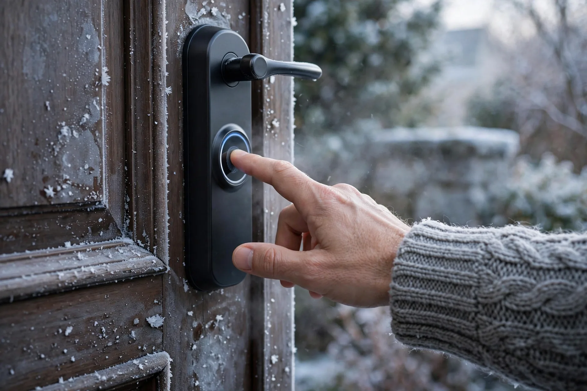 Hand with dry winter skin touching a smart lock fingerprint sensor outdoors