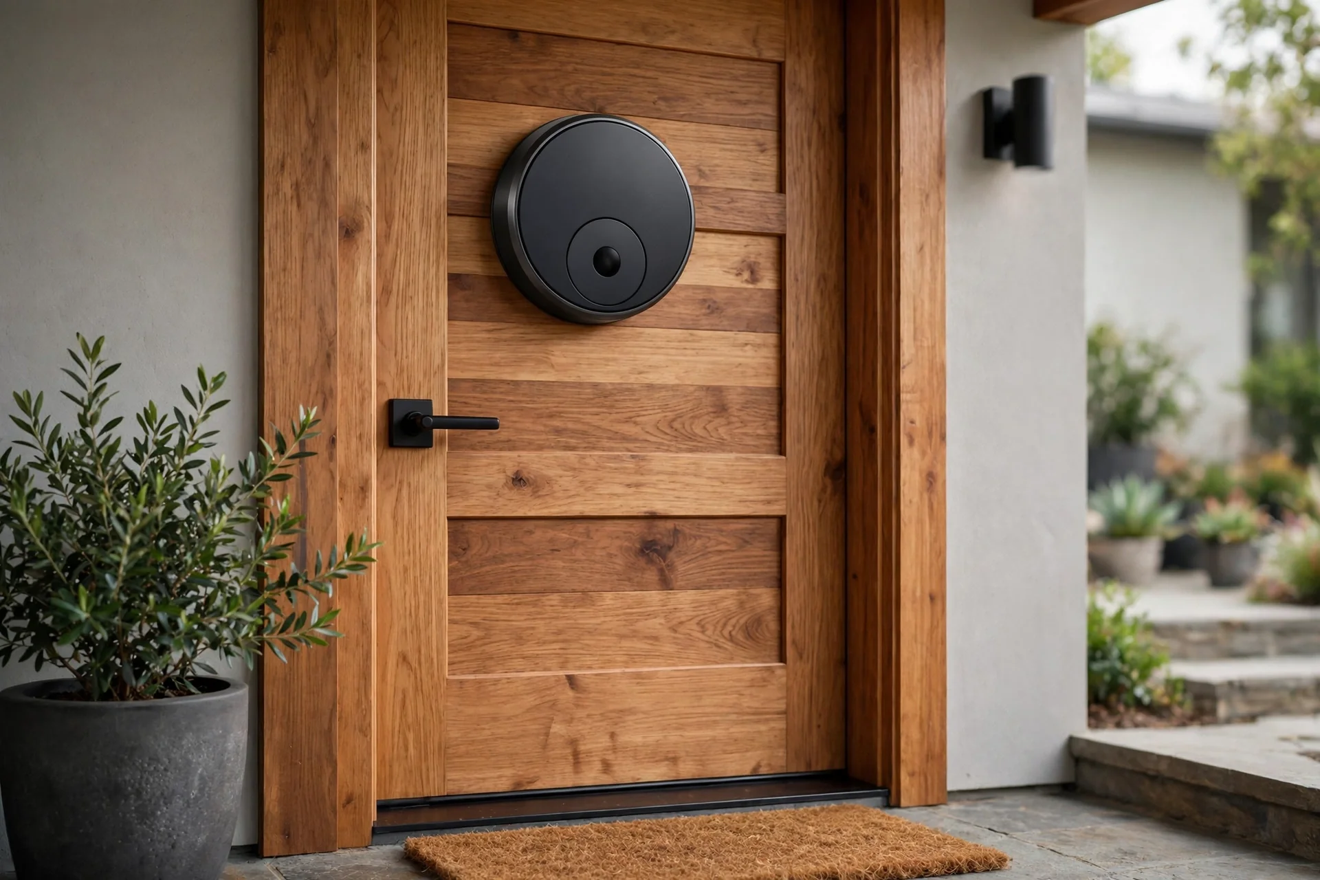 August smart lock mounted on a wooden front door