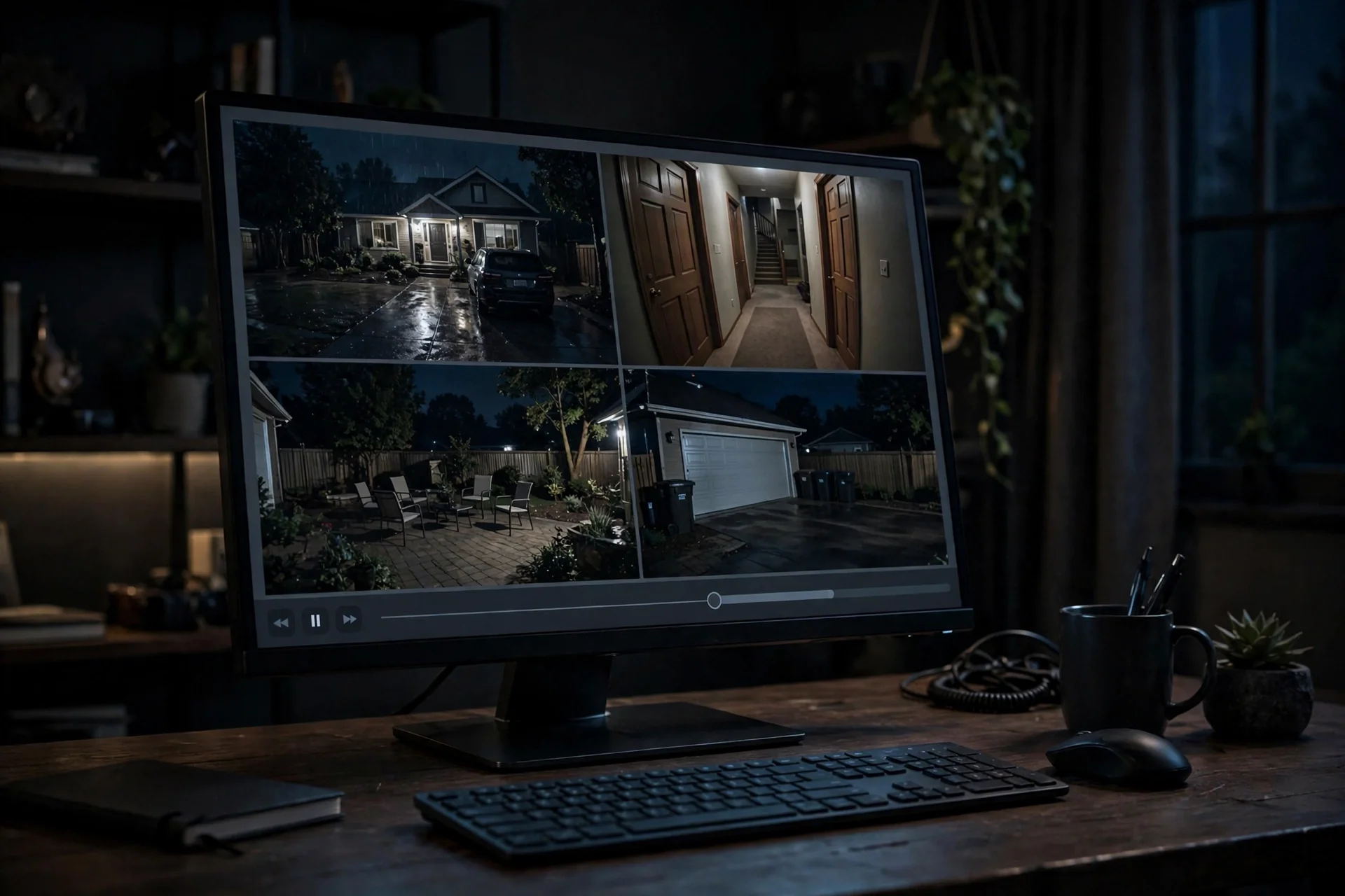VLC media player reviewing security camera footage on a computer