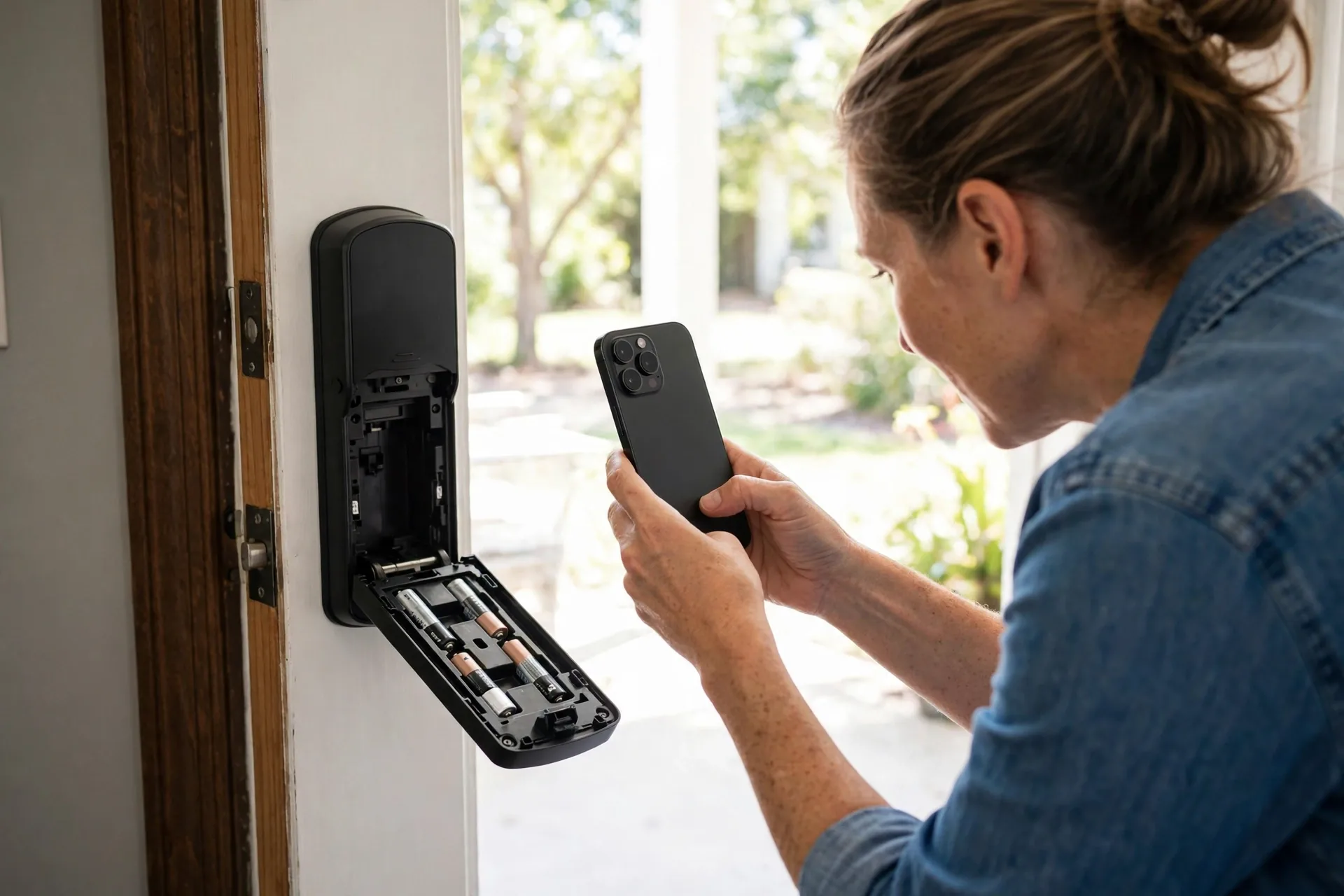 Homeowner photographing the default code sticker inside a smart lock
