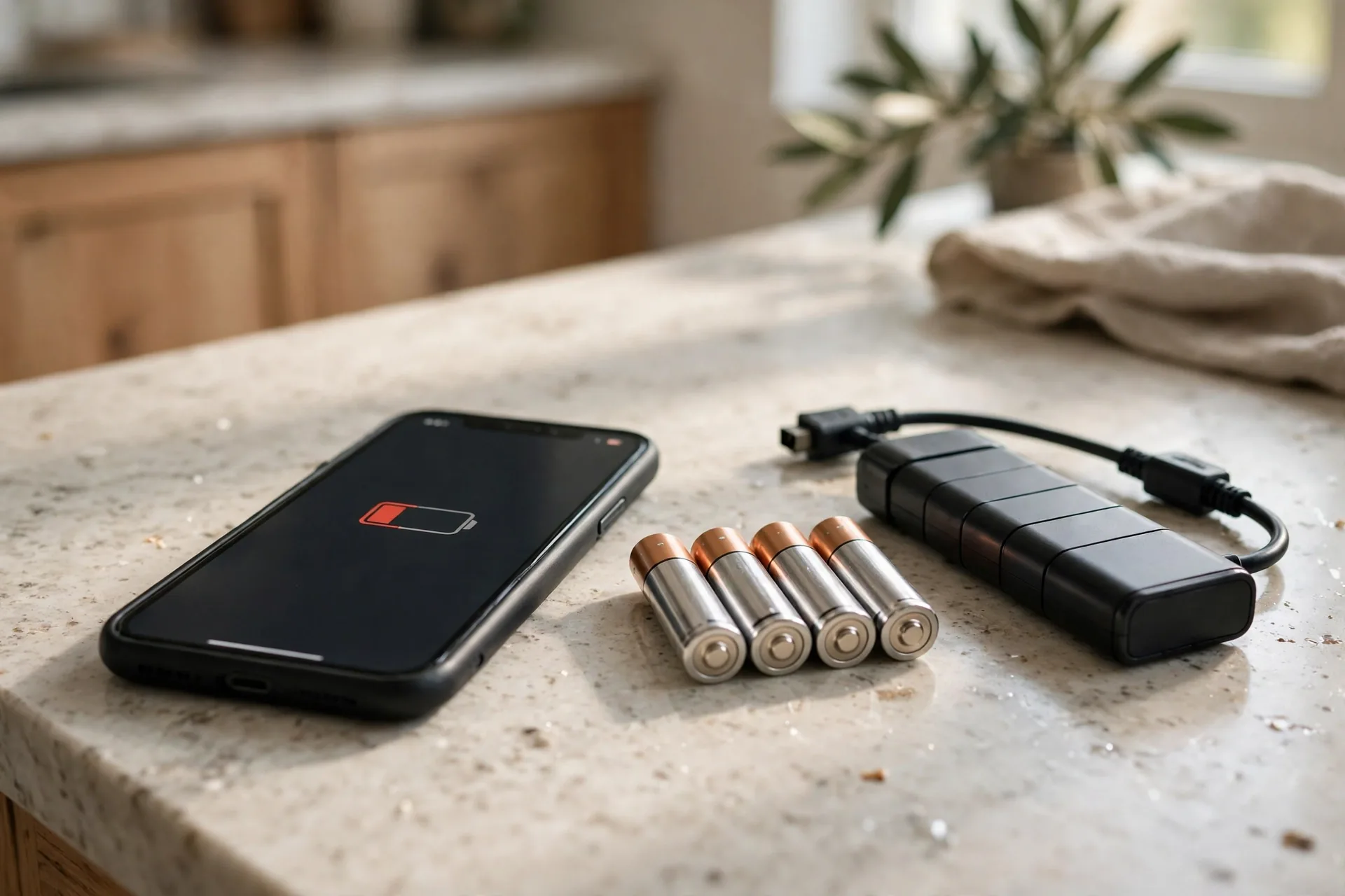 Smartphone with low battery notification for a smart lock next to four AA batteries