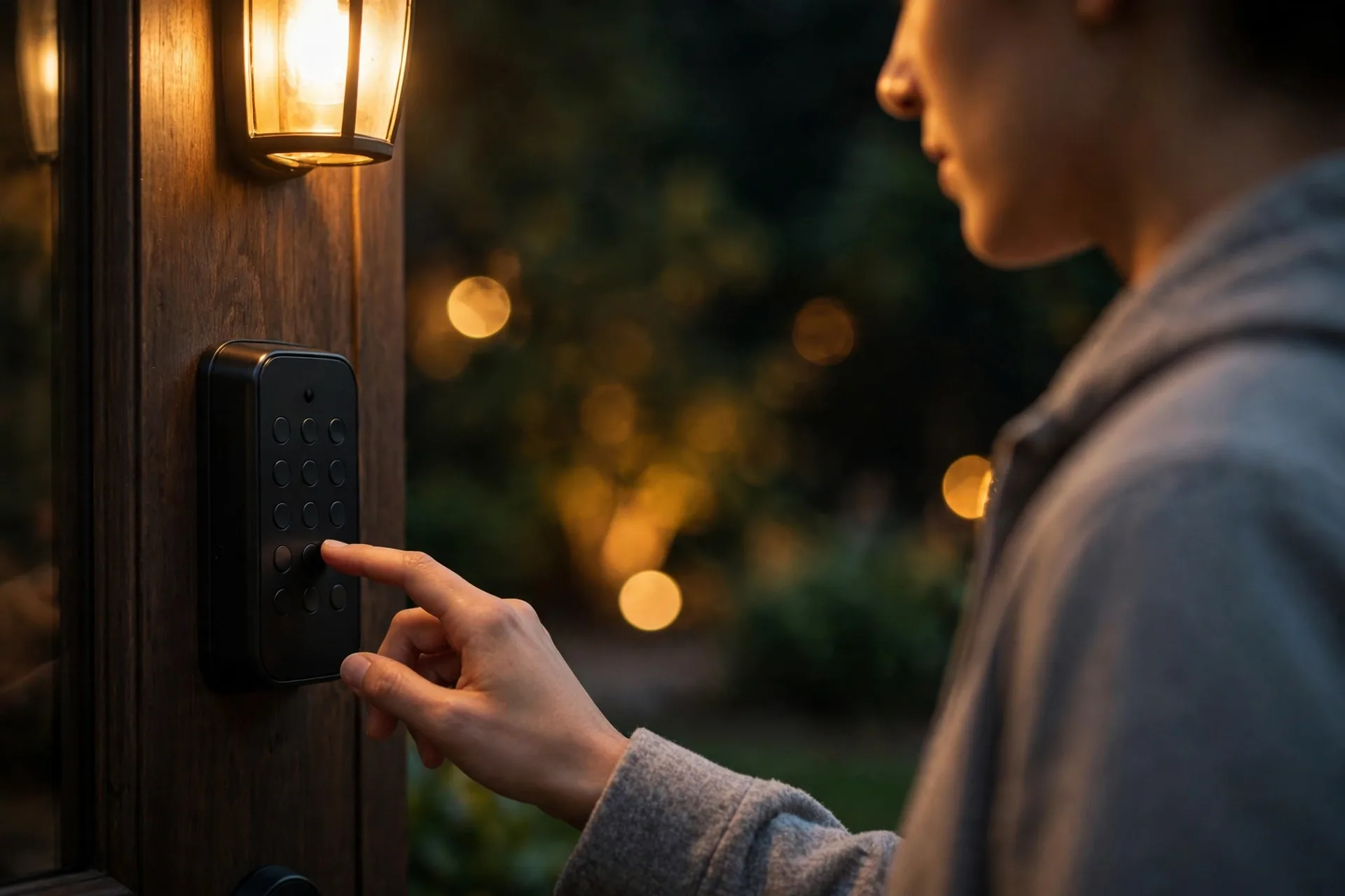 Guest entering a temporary code on a smart lock keypad at night