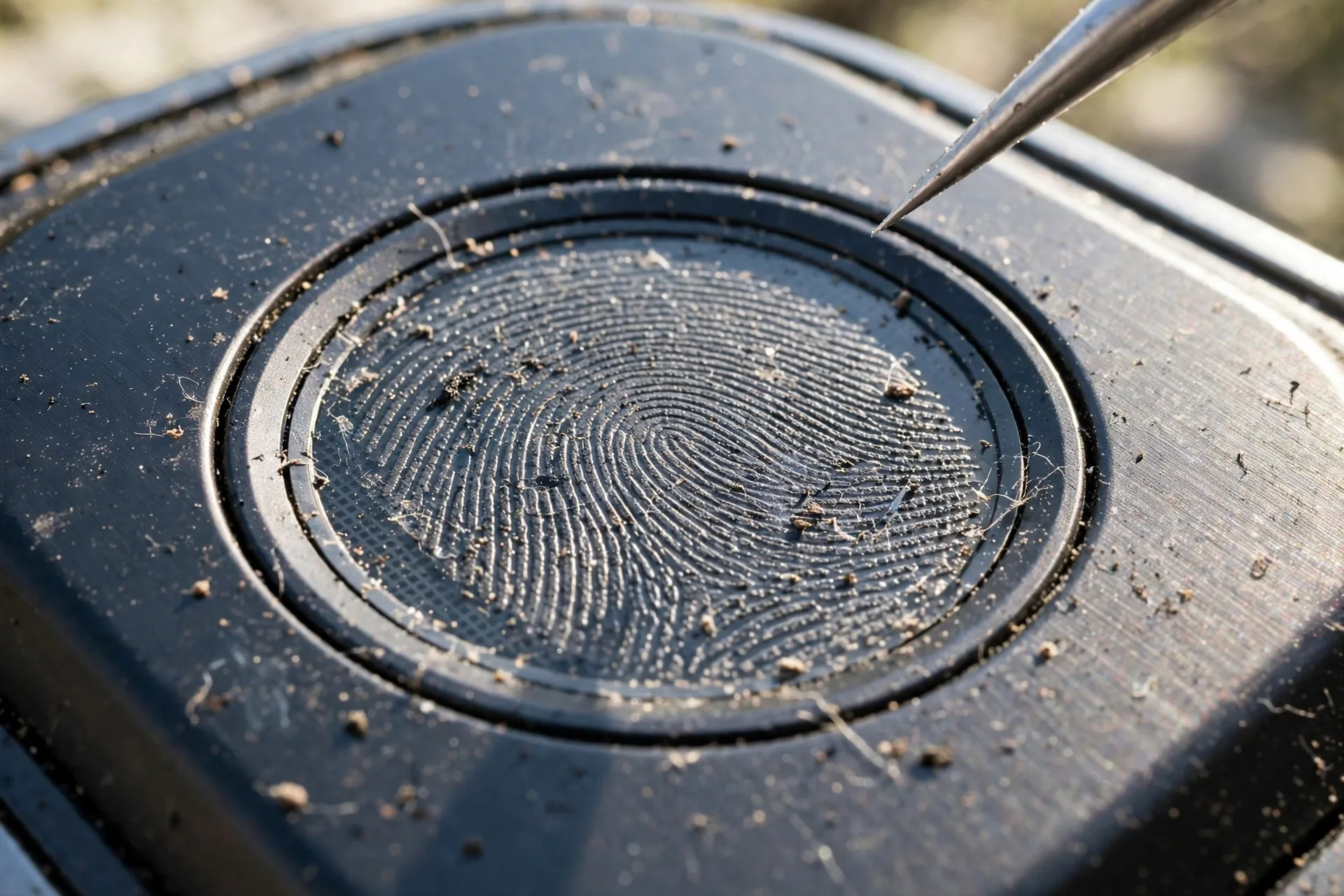 Close inspection of a smart lock fingerprint sensor for scratches