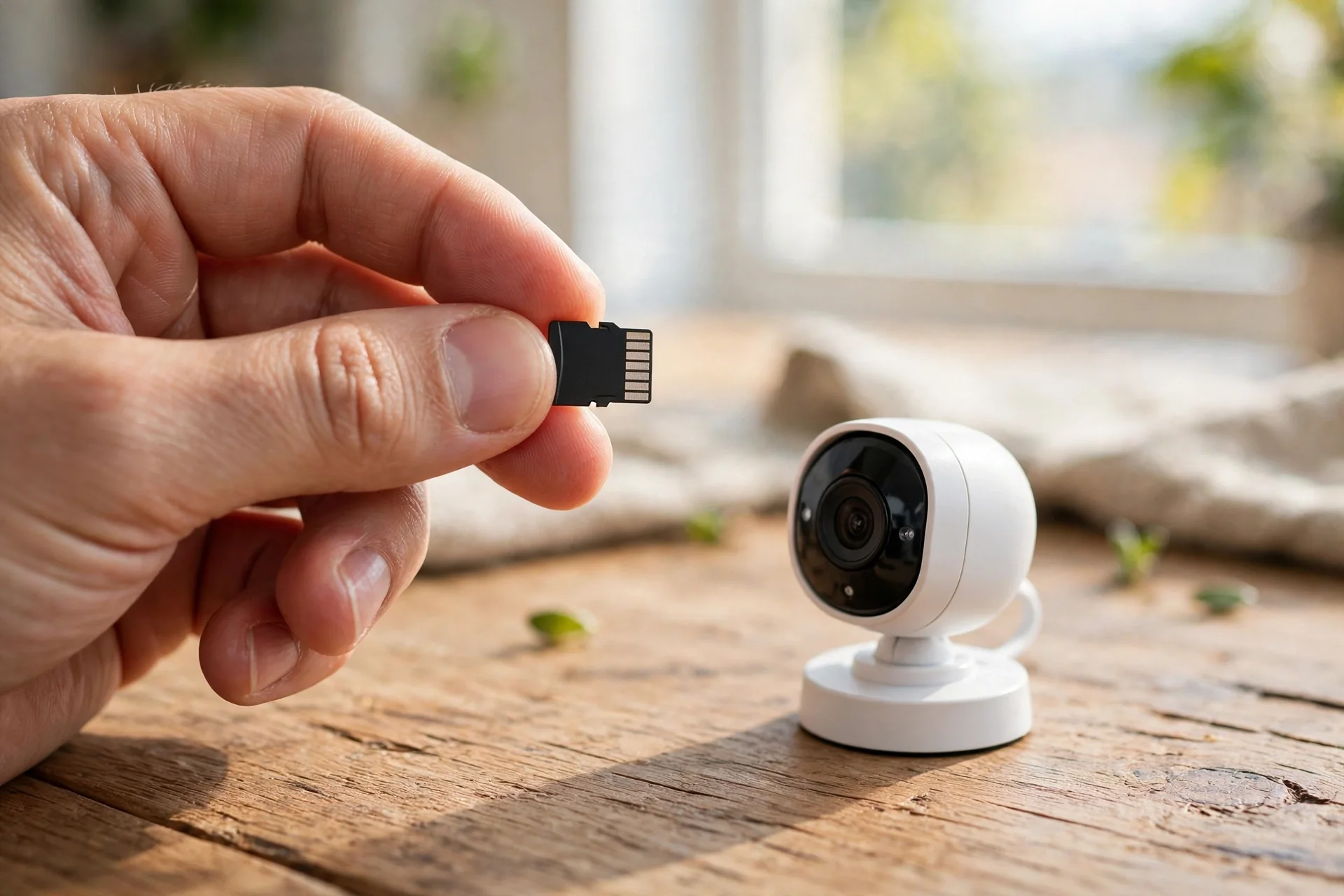 High-endurance microSD card next to a home security camera