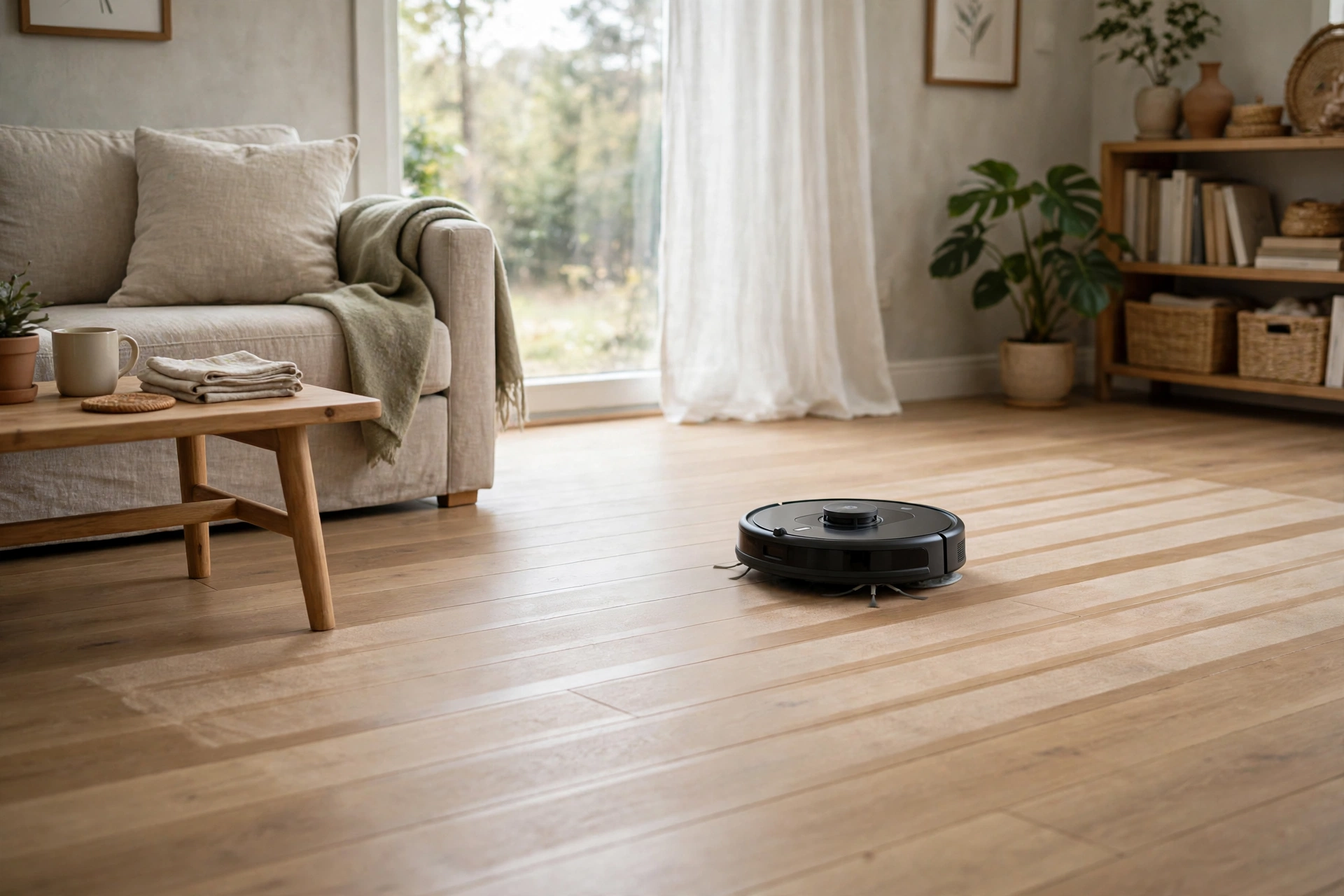 Lidar robot vacuum cleaning in neat straight lines across a wooden floor
