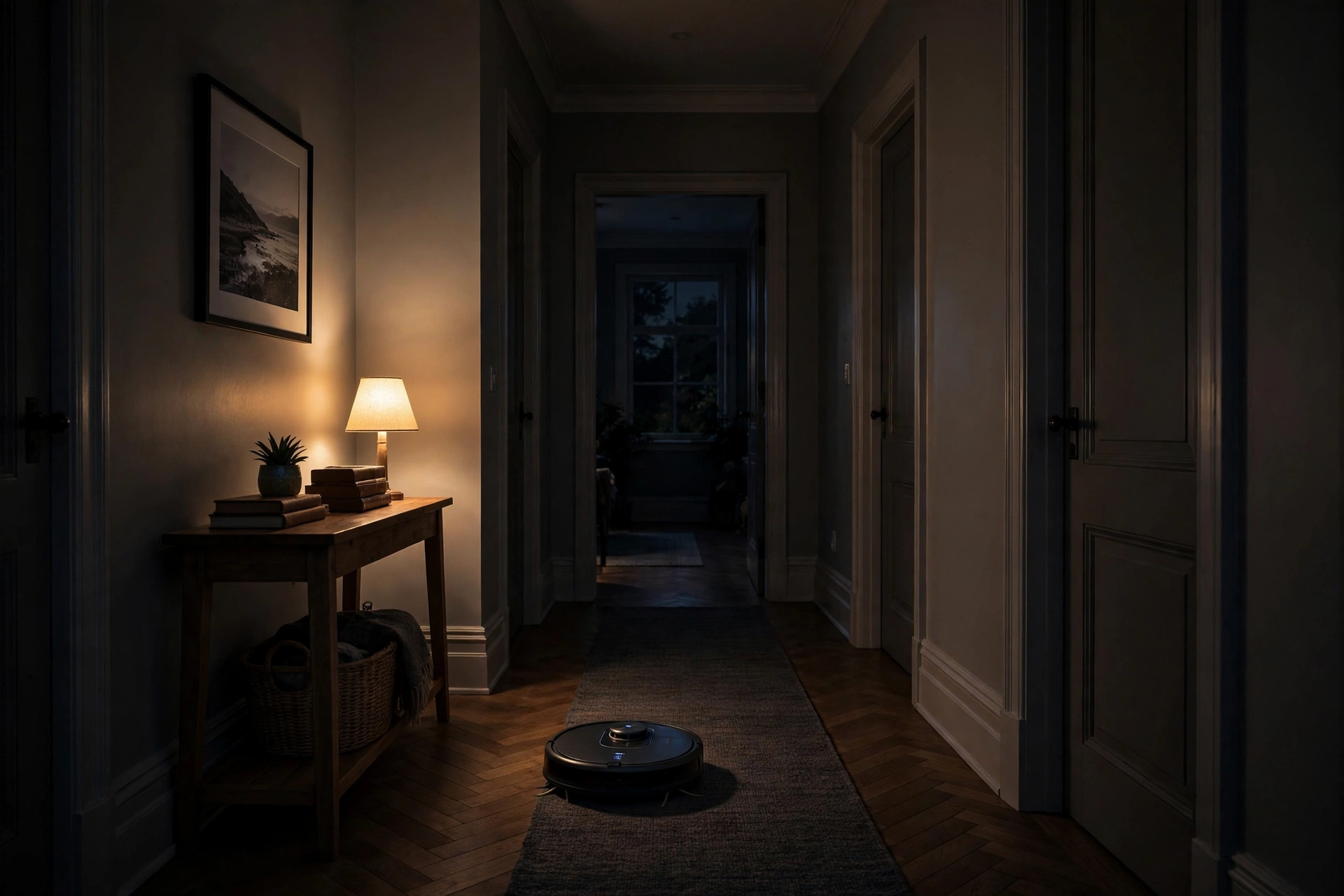 Lidar robot vacuum cleaning a dark hallway at night with soft lamp light