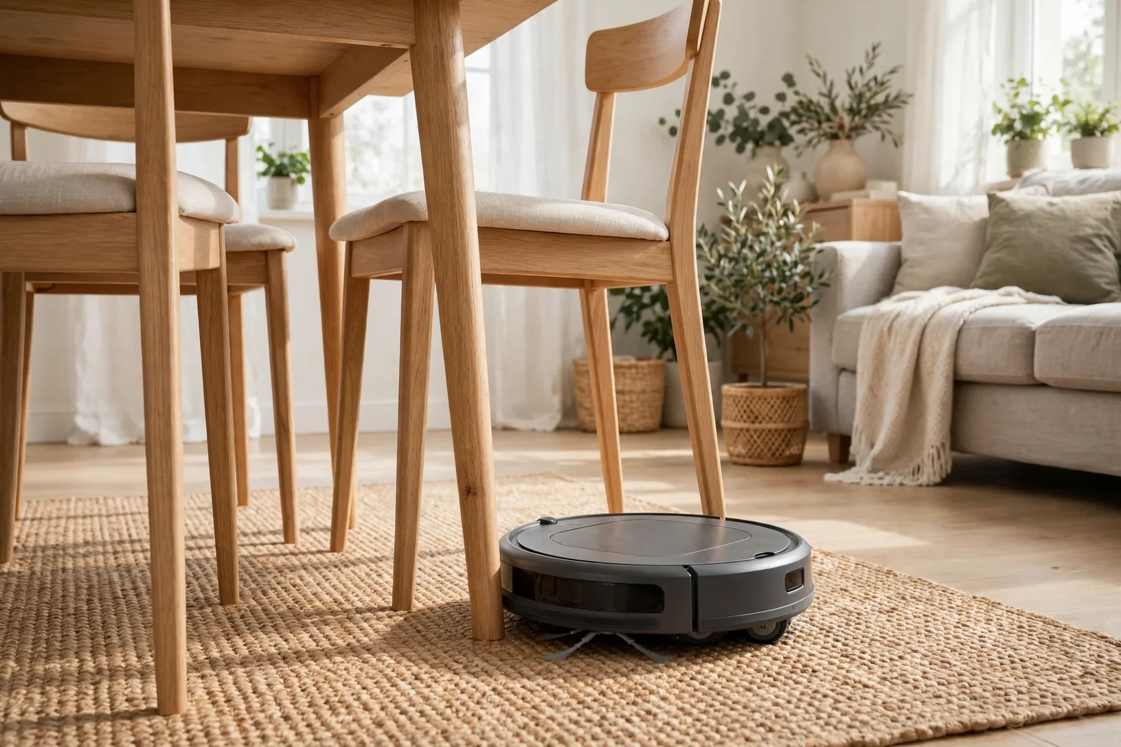 Lidar robot vacuum navigating around chair legs in a bright living room
