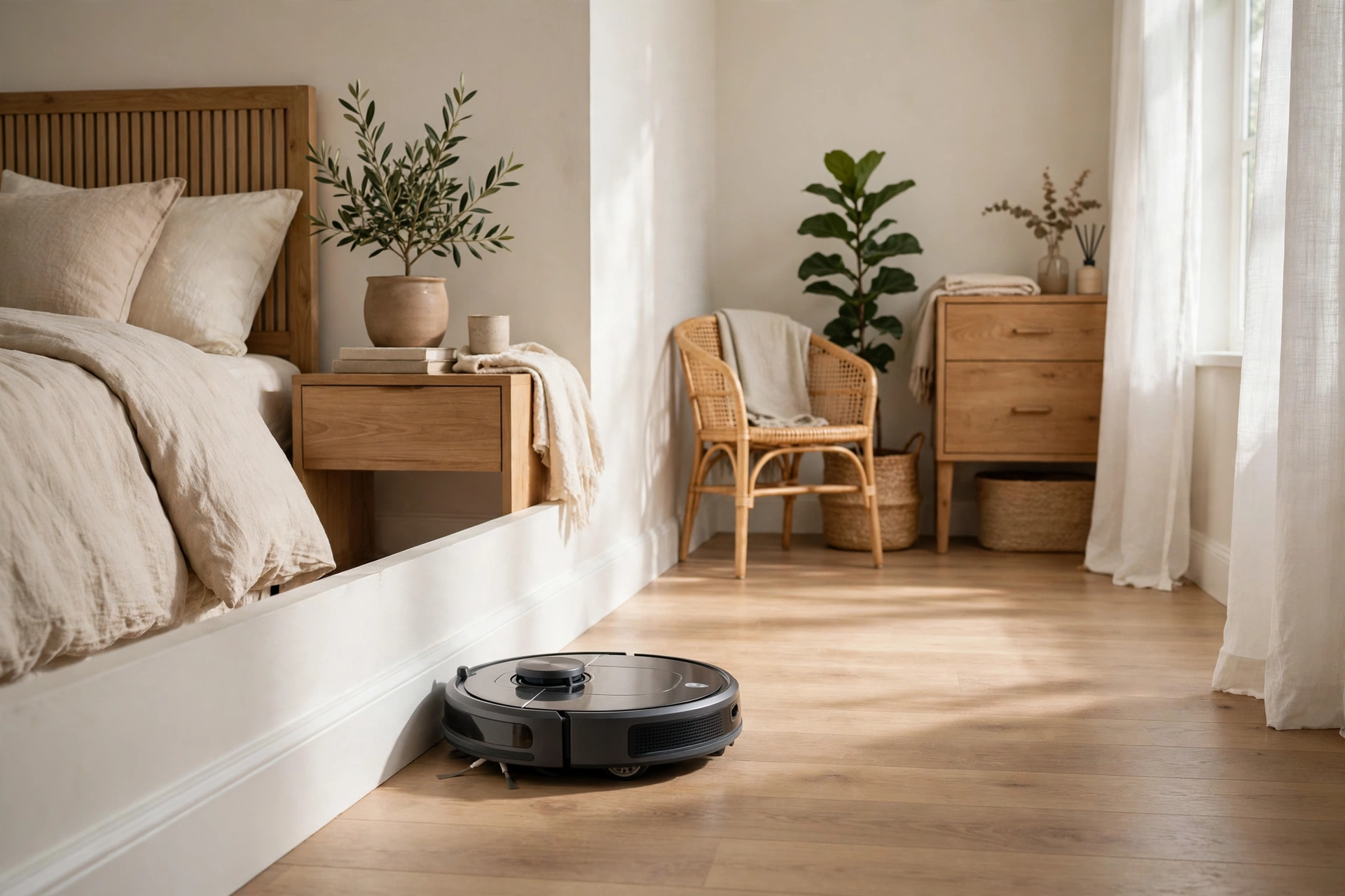 Lidar robot vacuum cleaning along a skirting board edge in a tidy bedroom