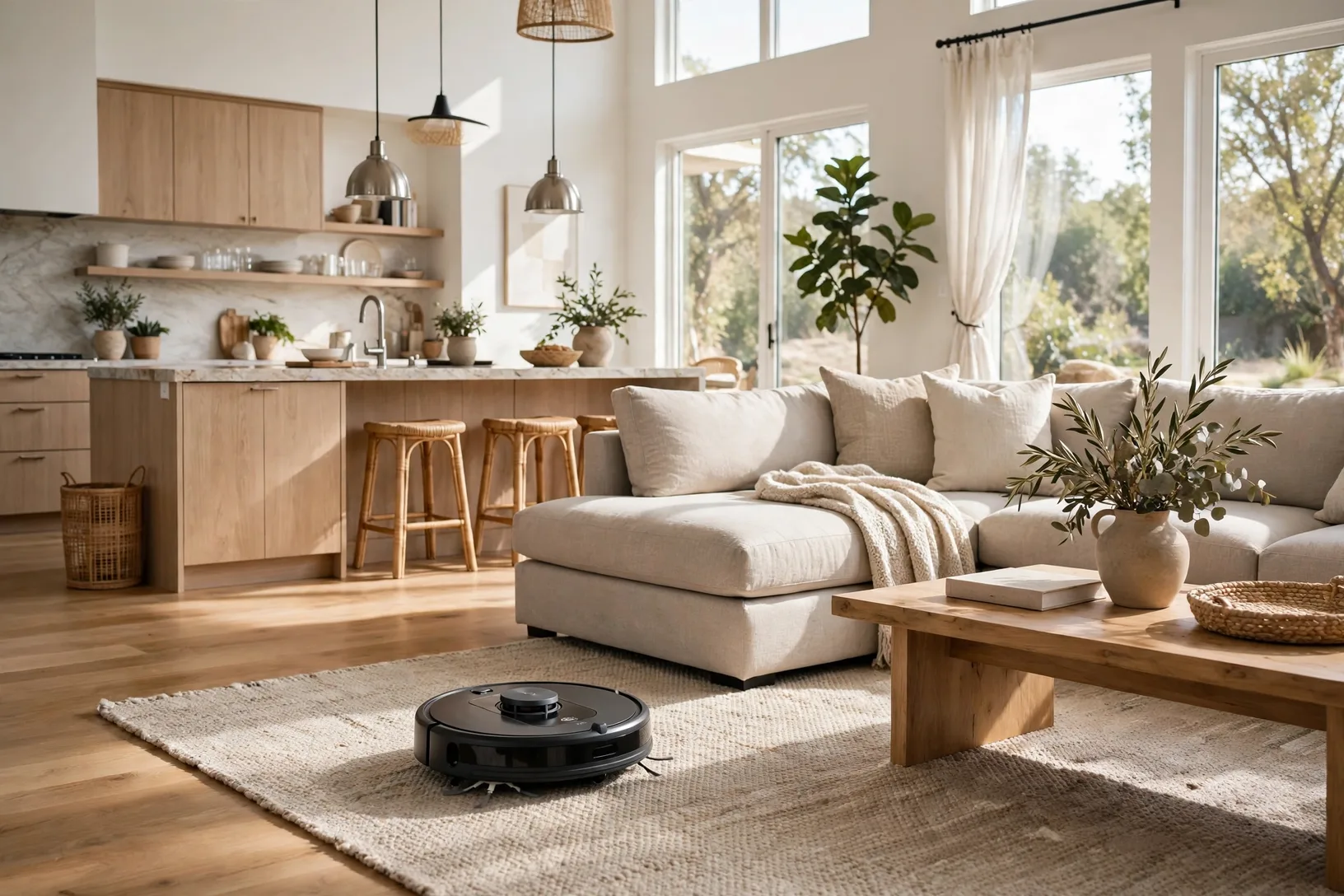 Lidar robot vacuum cleaning a large open plan living room with a rug