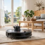 Lidar robot vacuum with a laser turret cleaning a modern living room