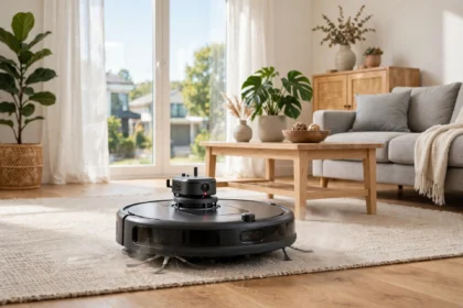 Lidar robot vacuum with a laser turret cleaning a modern living room