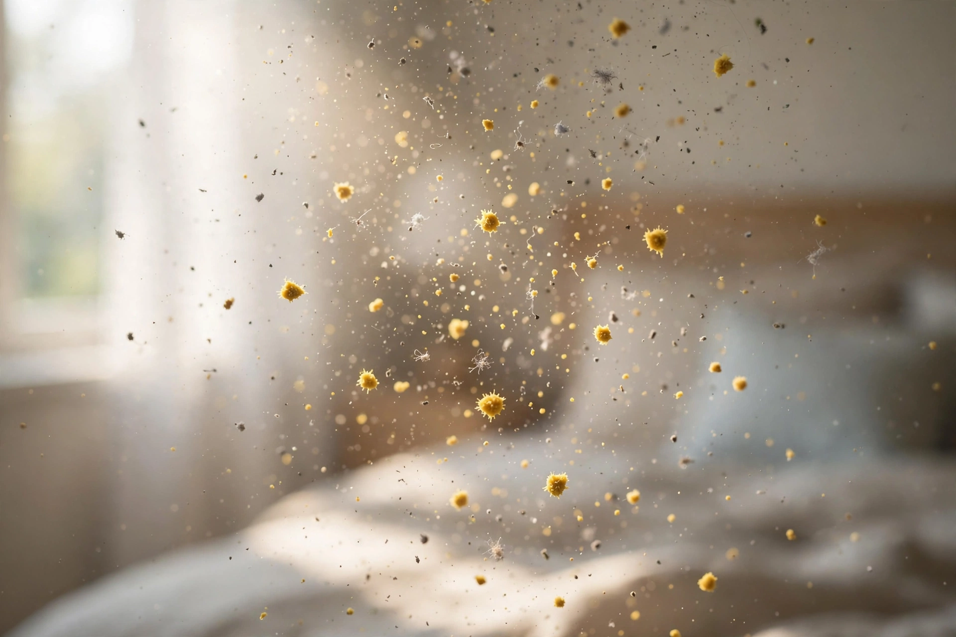 Pollen and allergen particles floating in bedroom air