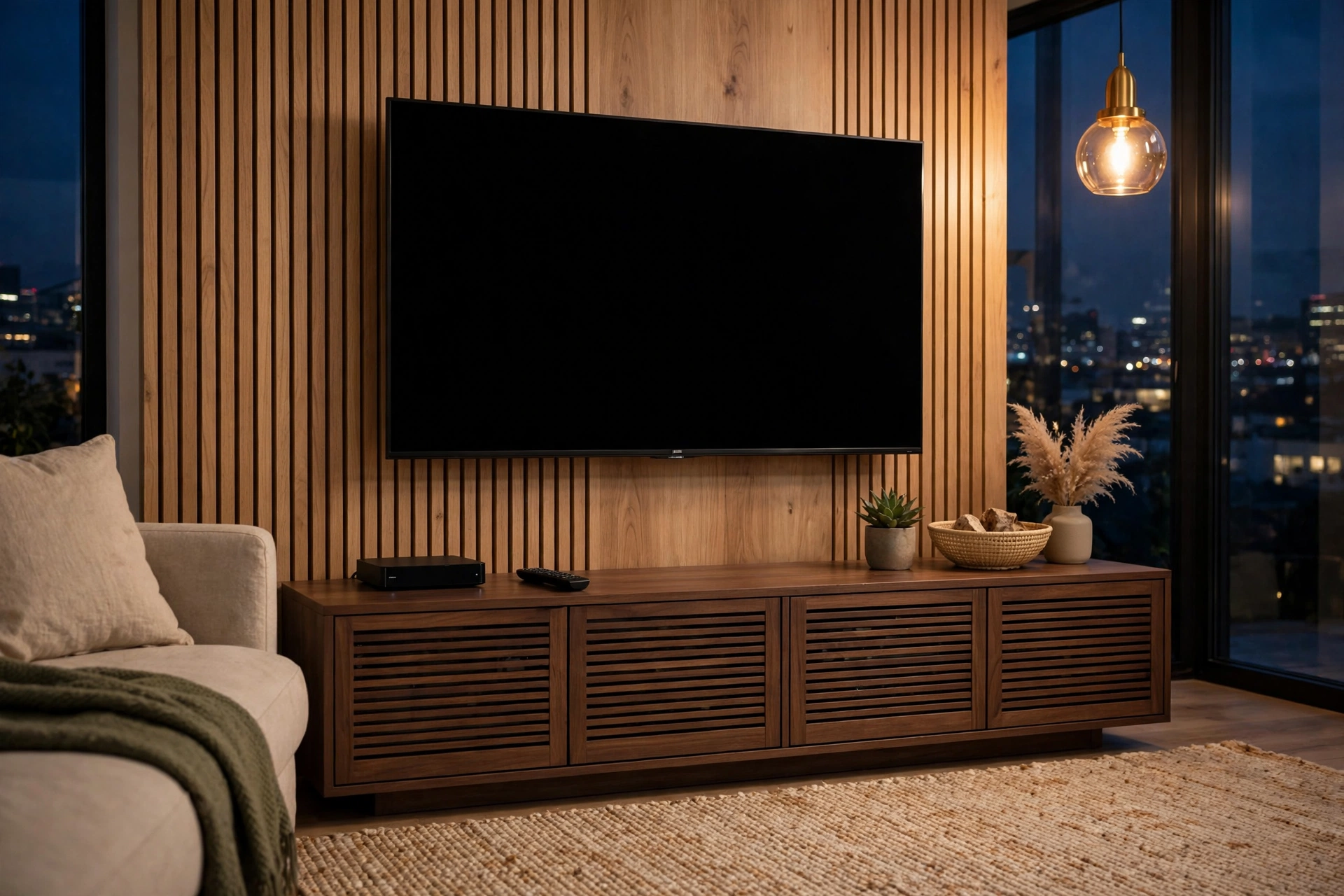 Streaming box on a media console below a television