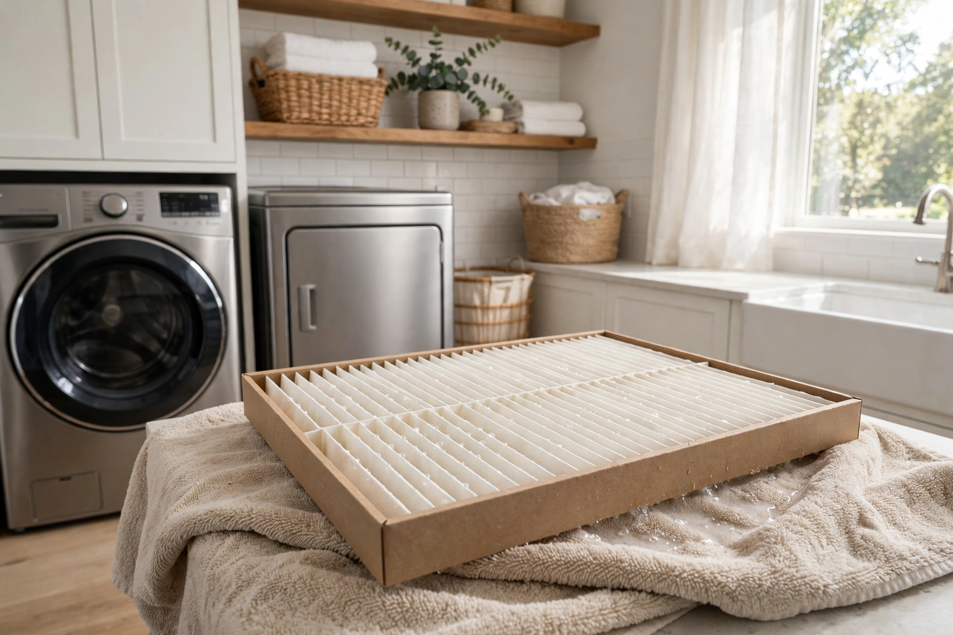 Air-drying a cleaned filter on a towel