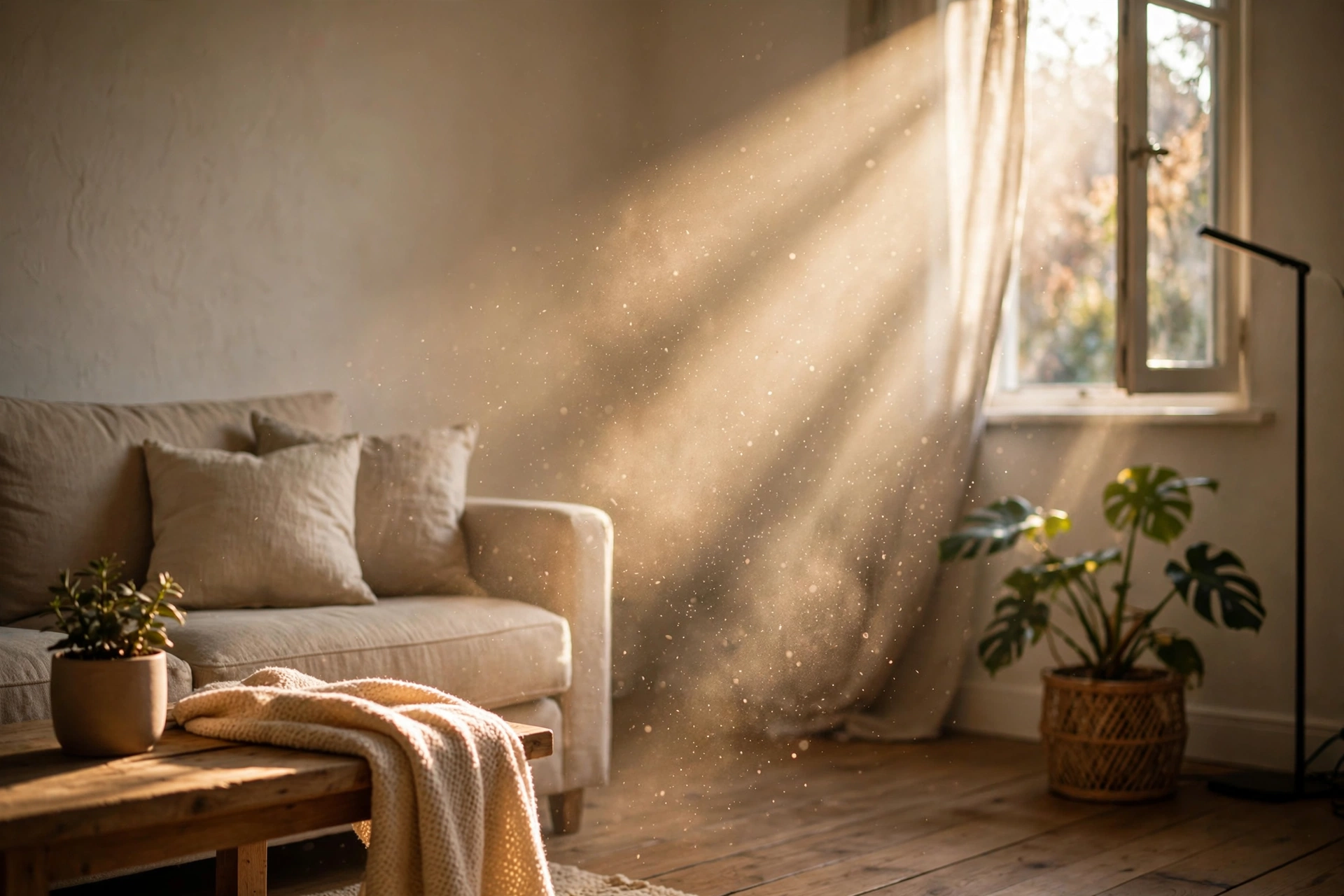 Dust particles floating in sunlight inside a home
