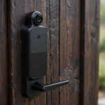 Smart door lock with camera installed on a modern wooden front door