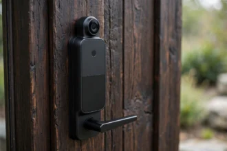 Smart door lock with camera installed on a modern wooden front door