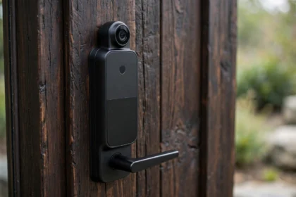 Smart door lock with camera installed on a modern wooden front door