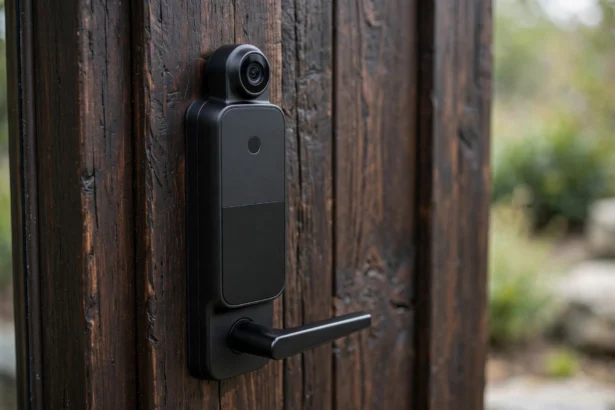 Smart door lock with camera installed on a modern wooden front door