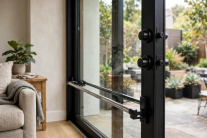 Sliding glass door lock with double-bolt lock and security bar