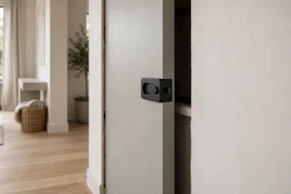 Pocket door lock installed on a door sliding into the wall