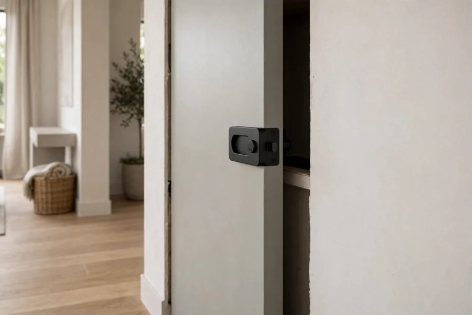 Pocket door lock installed on a door sliding into the wall