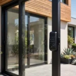 Sliding door smart lock with keypad on a glass patio door