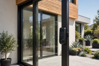 Sliding door smart lock with keypad on a glass patio door
