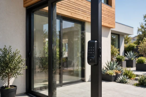 Sliding door smart lock with keypad on a glass patio door