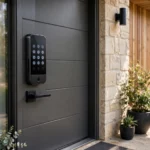 Smart front door lock with touchscreen on a modern home entrance