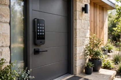 Smart front door lock with touchscreen on a modern home entrance
