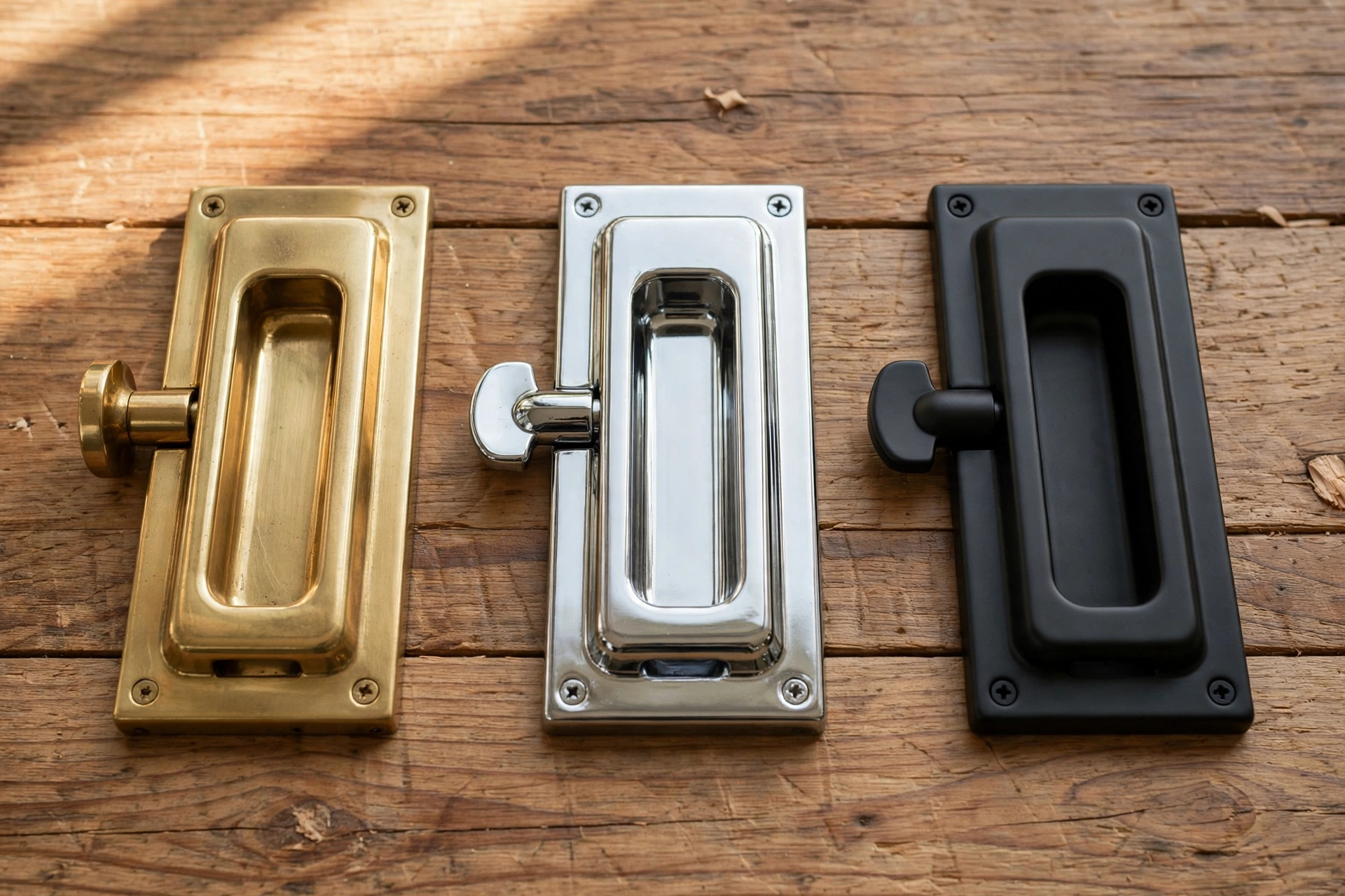 Pocket door lock types in brass, chrome and black finishes